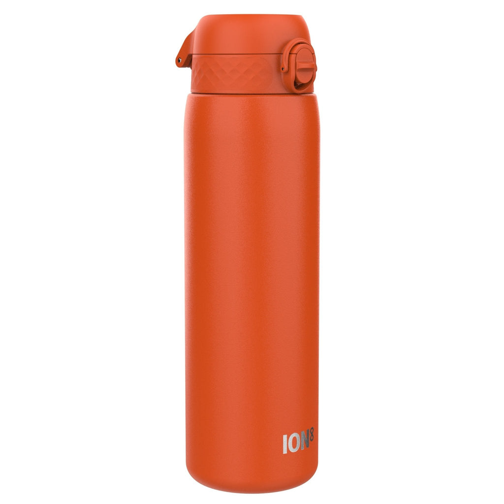 ION8 stainless steel 1-liter water bottle in Hearty Orange, leak-proof design, durable and ideal for outdoor hydration.