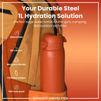 ION8 stainless steel 1L water bottle in Hearty Orange, leak-proof design, durable and portable for hydration on the go.