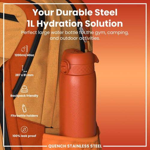 ION8 1L stainless steel water bottle in Hearty Orange, leak-proof design, durable and ideal for hydration on the go