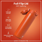 ION8 stainless steel 1L water bottle in hearty orange, leak proof design, ideal for keeping drinks secure and portable.