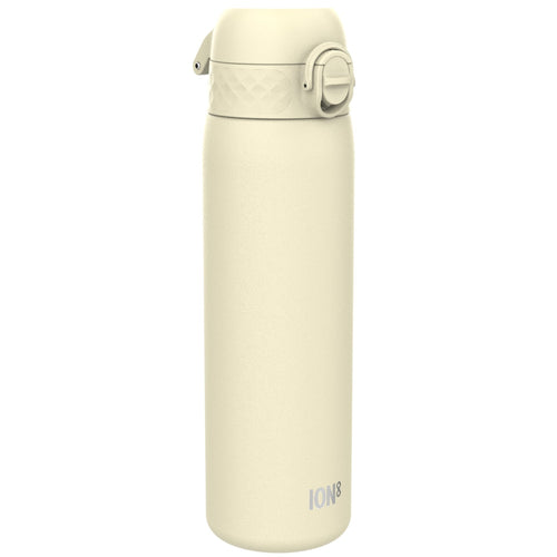 Ion8 stainless steel leak-proof slim water bottle in creamy white, 600ml (20oz), featuring a sleek design and secure lid.