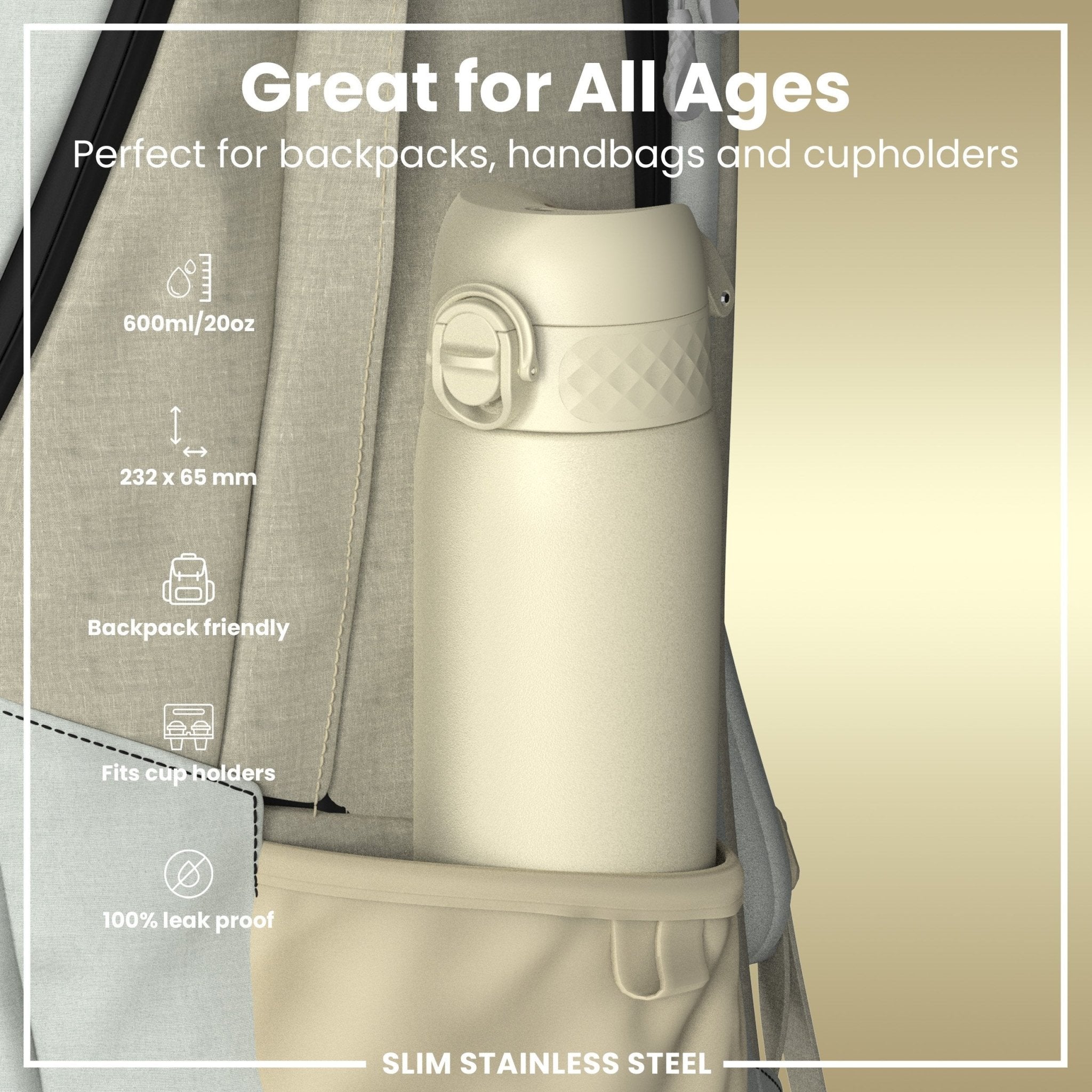 Creamy white ION8 600ml stainless steel leak-proof slim water bottle, ideal for staying hydrated on the go.