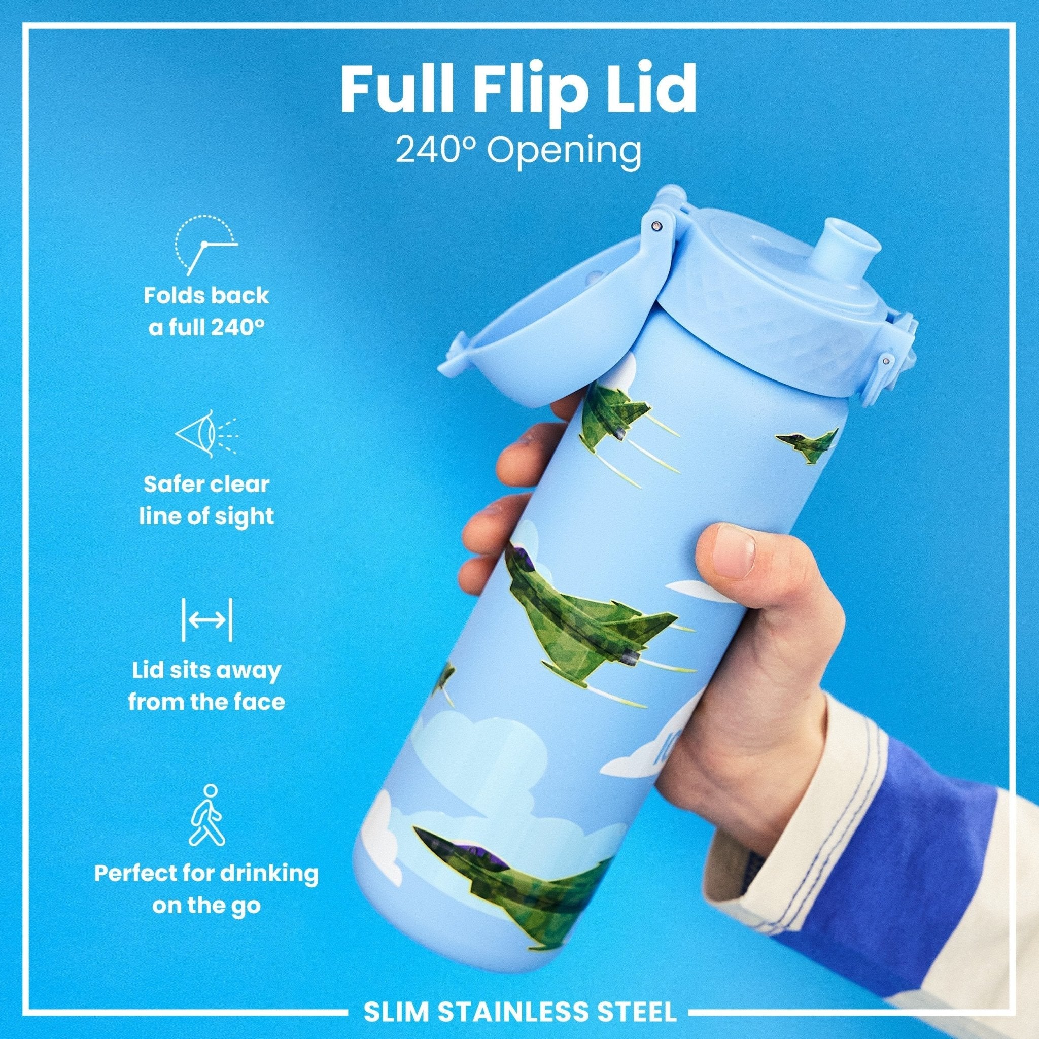 Ion8 leak-proof slim stainless steel water bottle with fighter jet design, 600ml (20oz) capacity, durable and portable.