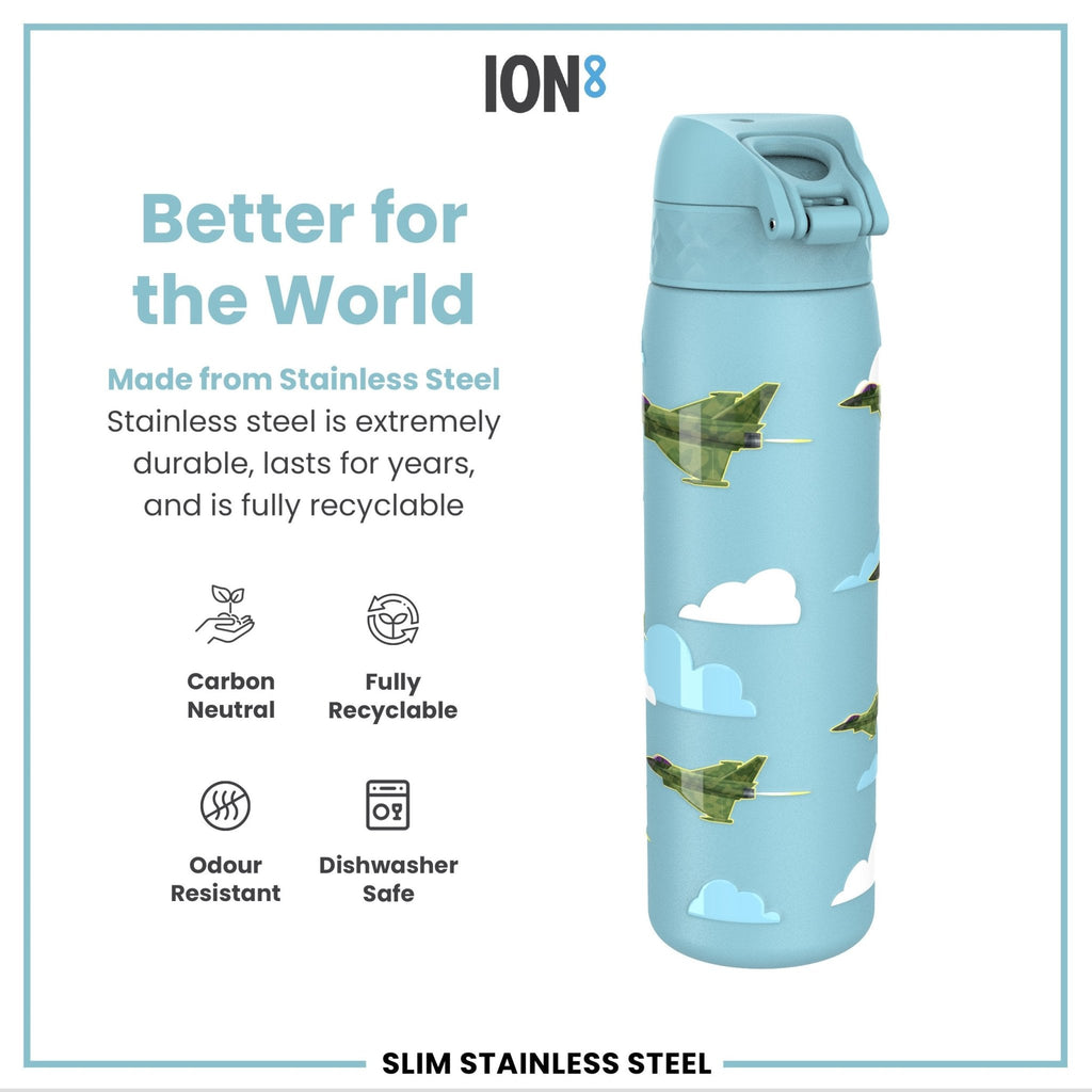 ION8 stainless steel leak-proof slim water bottle with fighter jet design, 600ml (20oz) capacity, ideal for on-the-go hydration.