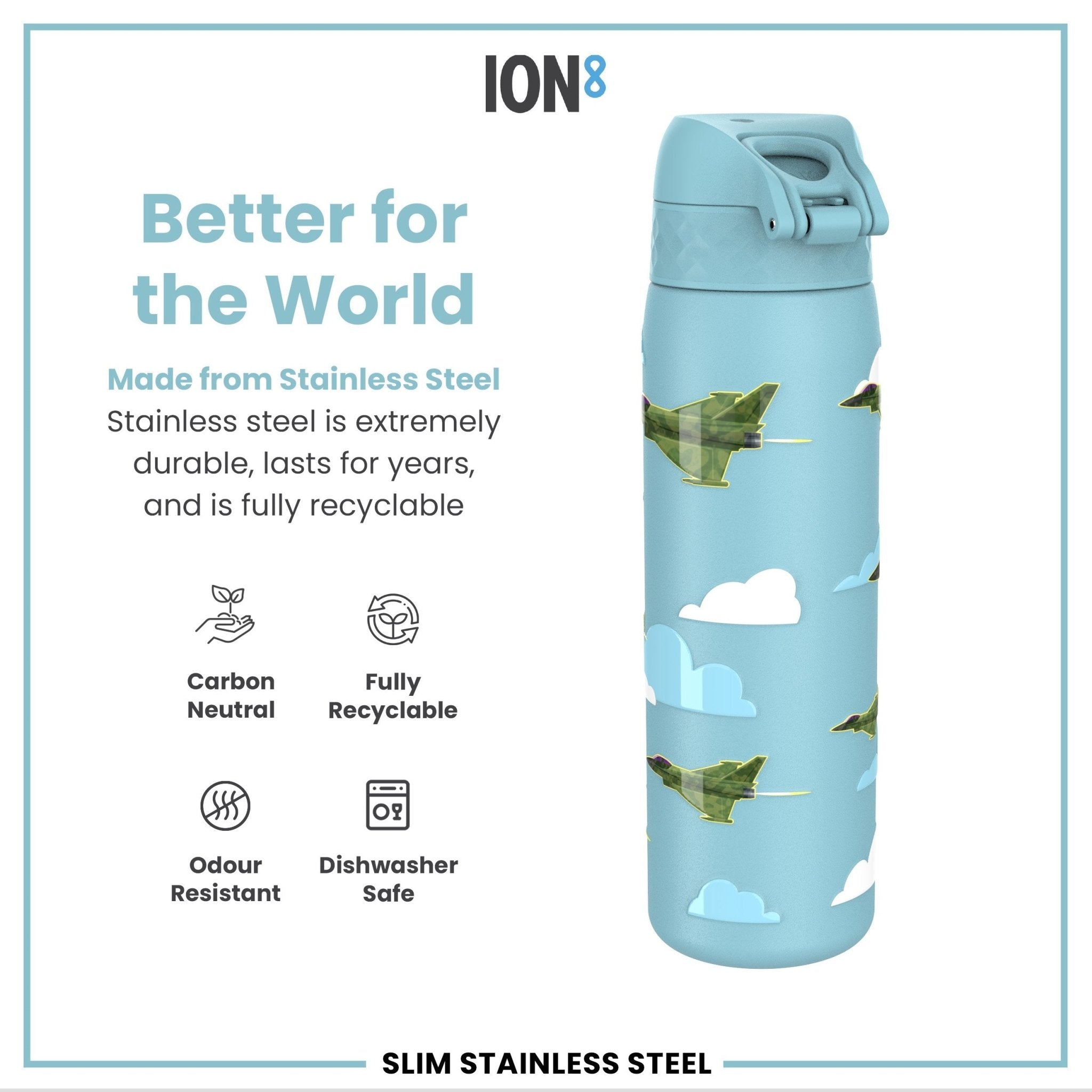 ION8 stainless steel leak-proof slim water bottle with fighter jet design, 600ml (20oz) capacity, ideal for on-the-go hydration.