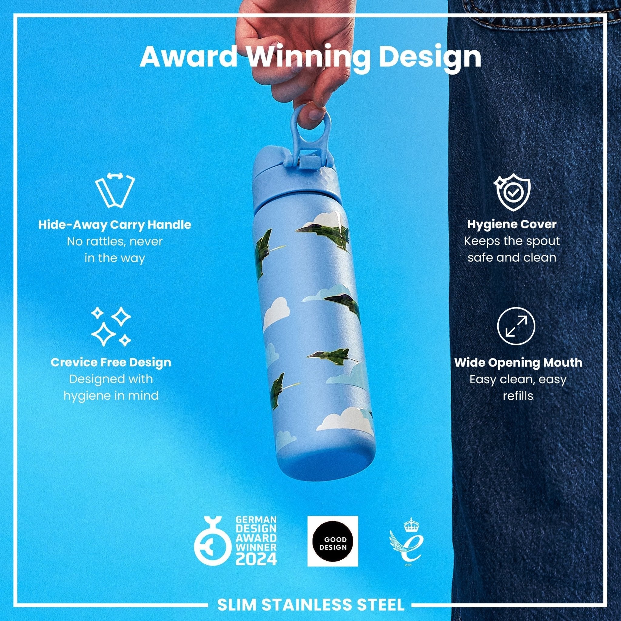 ION8 stainless steel water bottle with fighter jet design, leak-proof 600ml (20oz) slim water bottle for outdoor use.