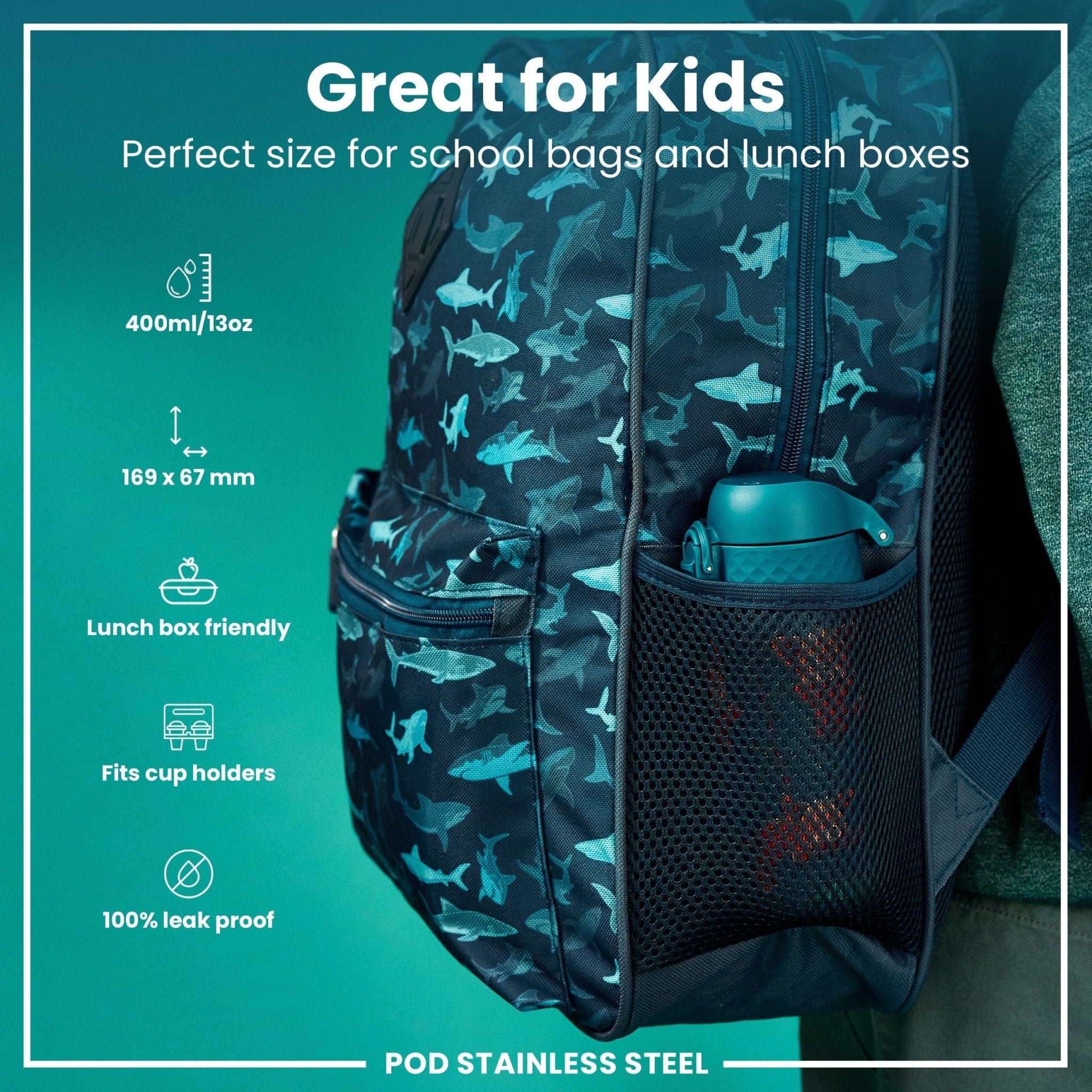Red pandas stainless steel leak-proof kids water bottle by ION8, 400ml capacity, featuring a colorful animal design.