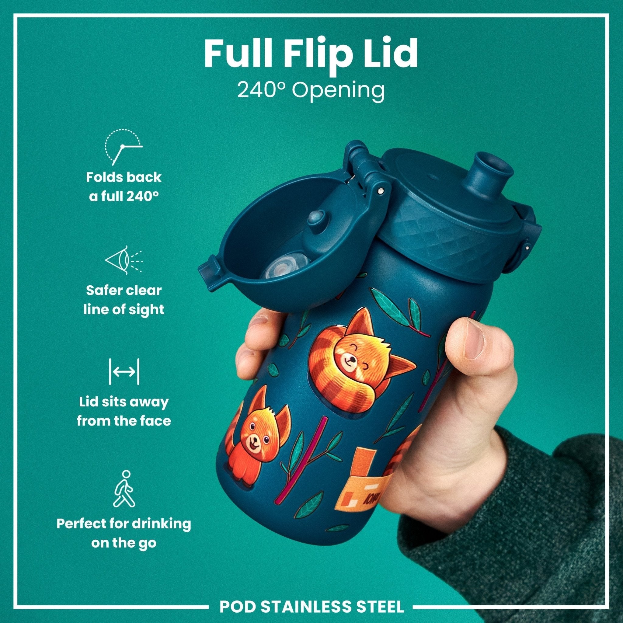 Red pandas stainless steel leak-proof kids water bottle by ION8, 400ml (13oz), with a colorful water bottle design.
