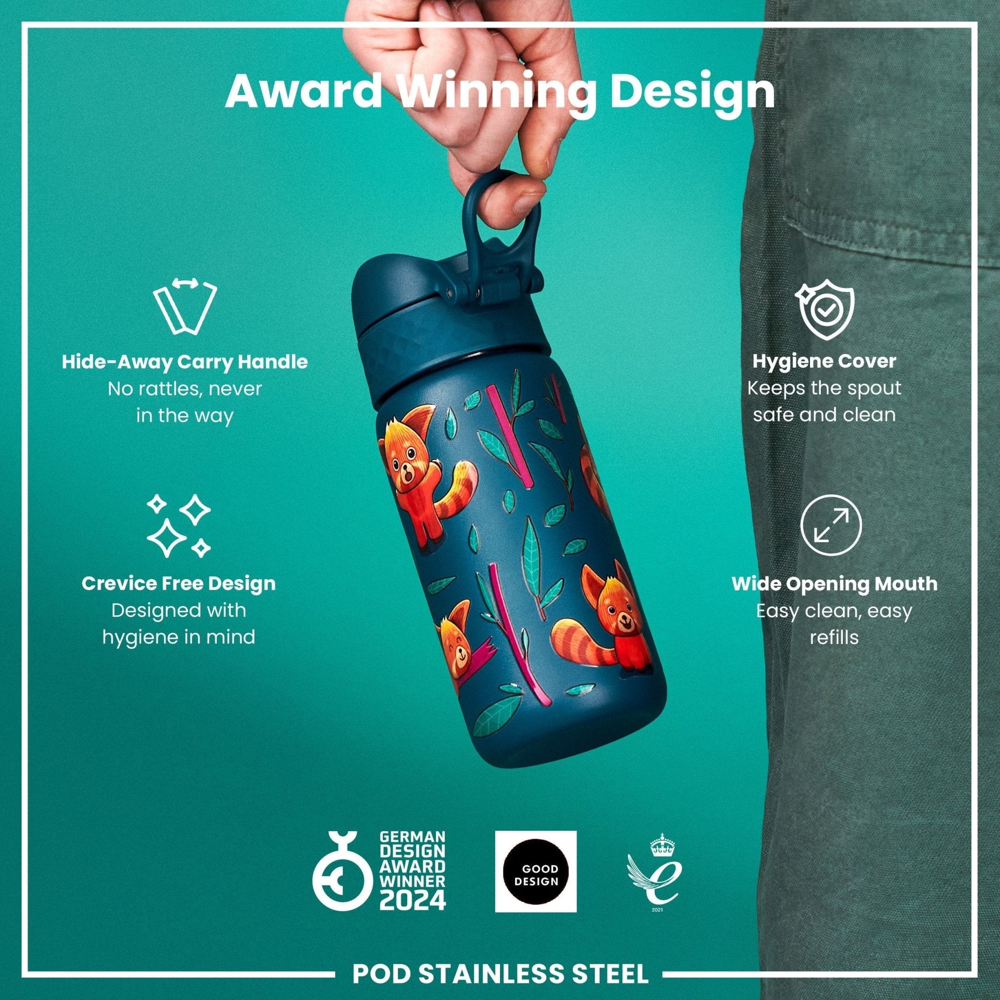 Red pandas stainless steel leak-proof kids water bottle from ION8, 400ml capacity with a colorful design and secure lid.