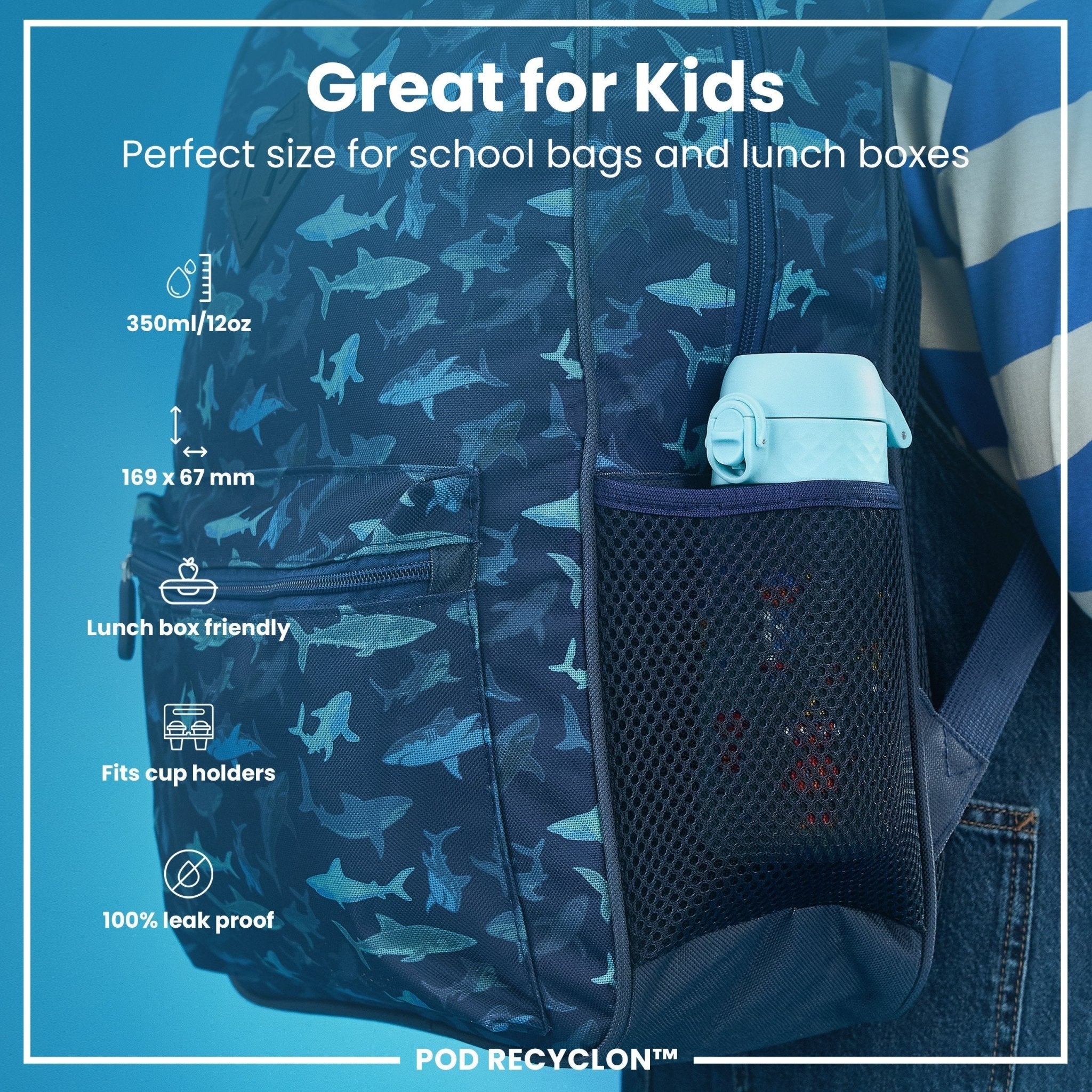 Ion8 Leak Proof Kids Water Bottle with Robots design, 350ml Recyclon water bottle for kids, durable and eco-friendly.