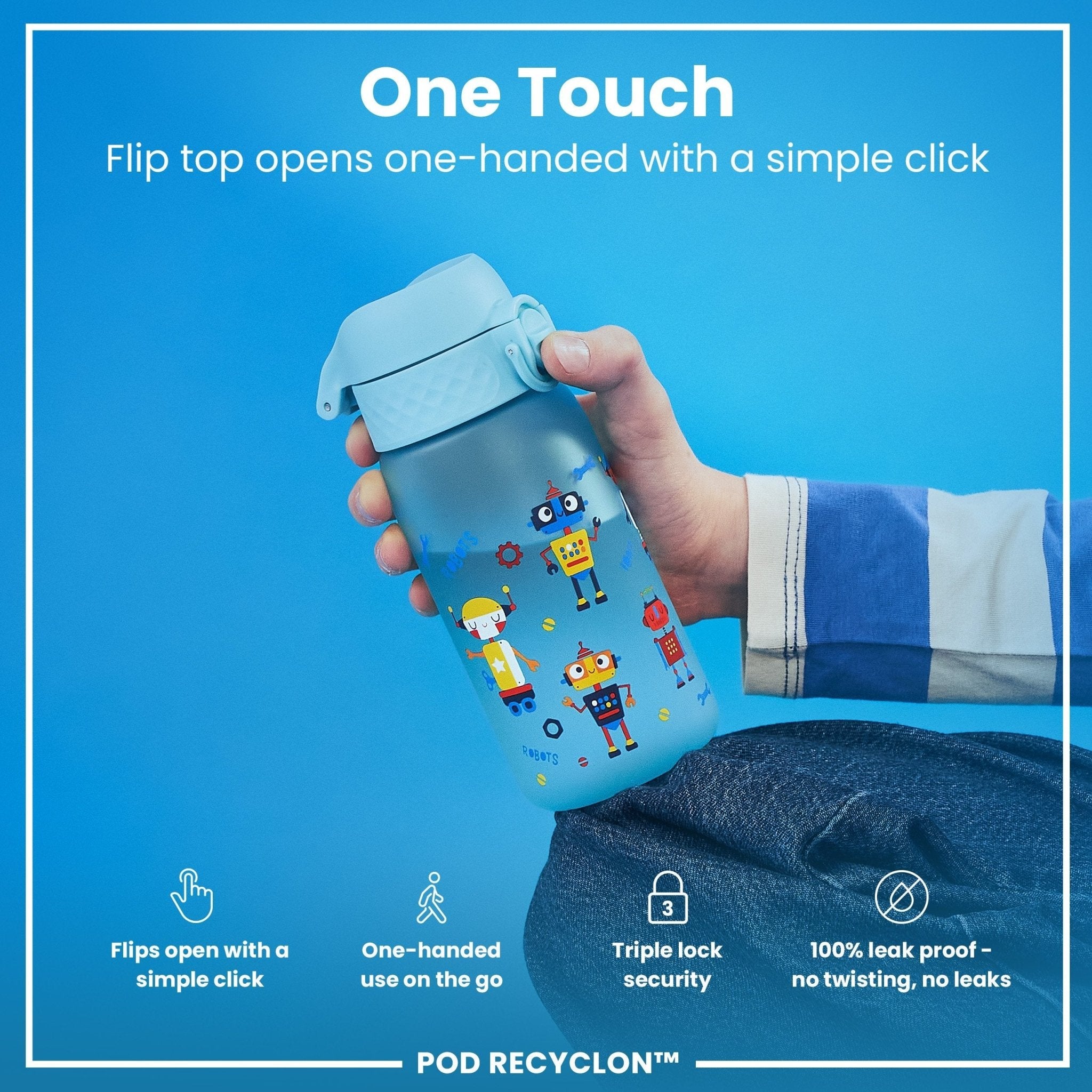 ION8 Recyclon leak-proof kids water bottle with robots design, 350ml (12oz), durable and recyclable for children.