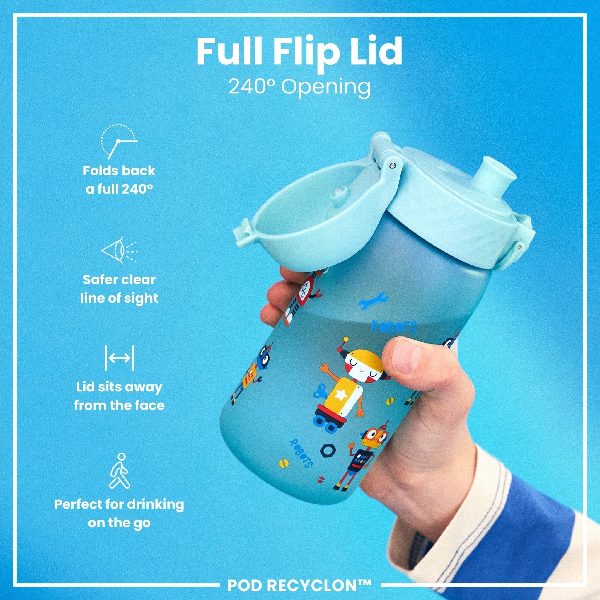 Ion8 Recyclon leak-proof kids water bottle featuring robot design, 350ml capacity, durable plastic, and secure lid.