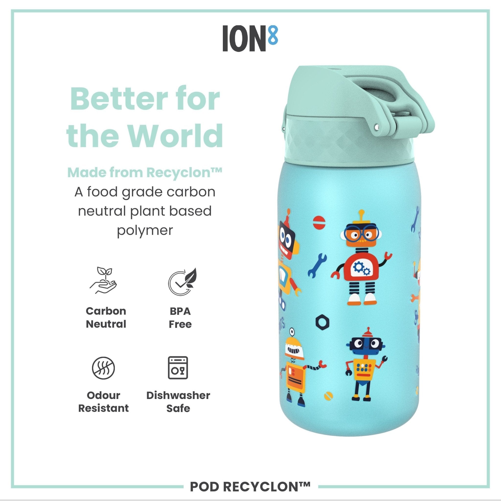 ION8 Recyclon leak-proof kids water bottle with robot design, 350ml (12oz) reusable water bottle for children.