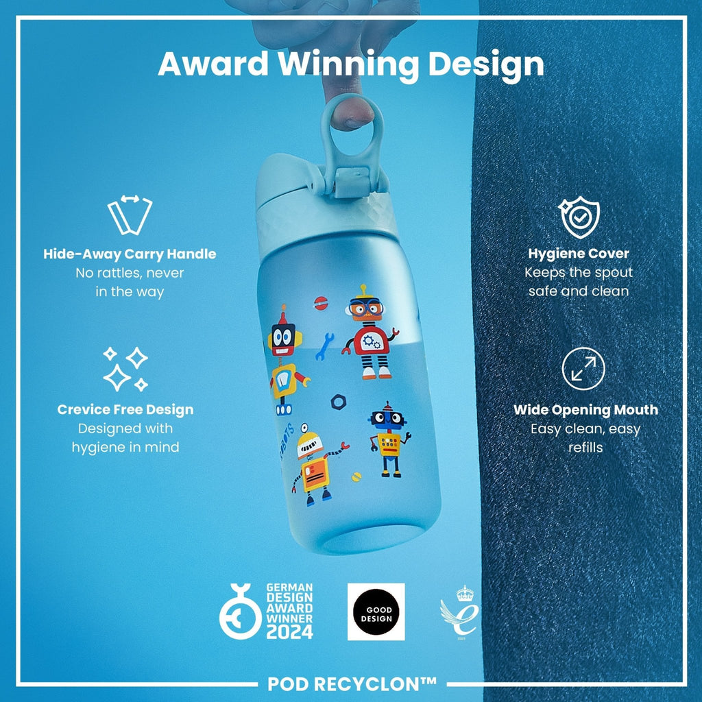 ION8 Recyclon leak-proof kids water bottle with robot design, 350ml (12oz) reusable water bottle, ideal for children.