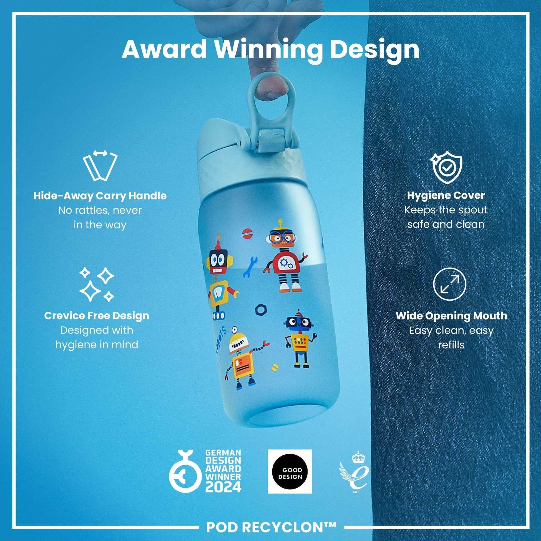 ION8 Recyclon leak-proof kids water bottle with robot design, 350ml (12oz) reusable water bottle, ideal for children.