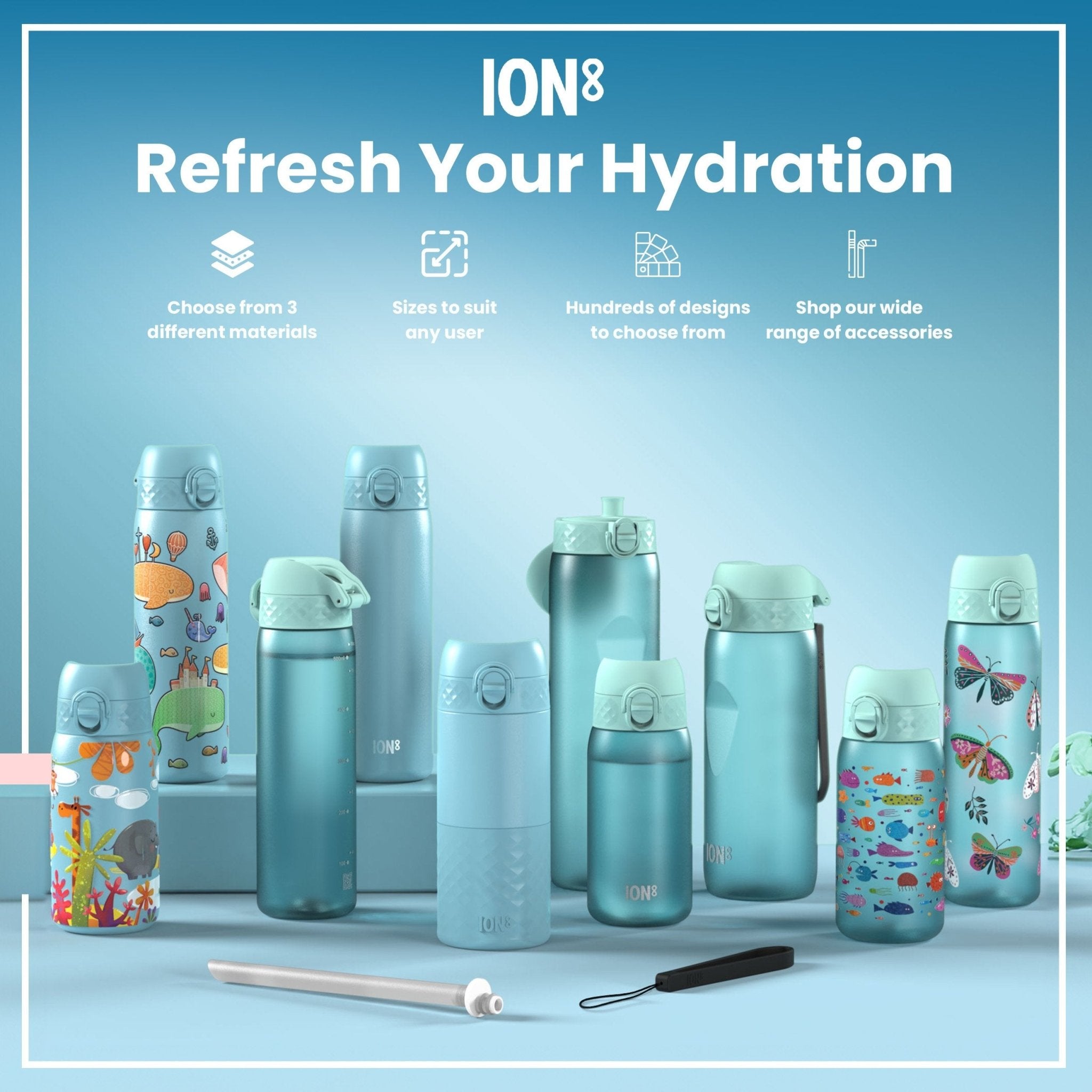 Ion8 Recyclon leak-proof kids water bottle with robot design, 350ml capacity, durable and recyclable plastic.