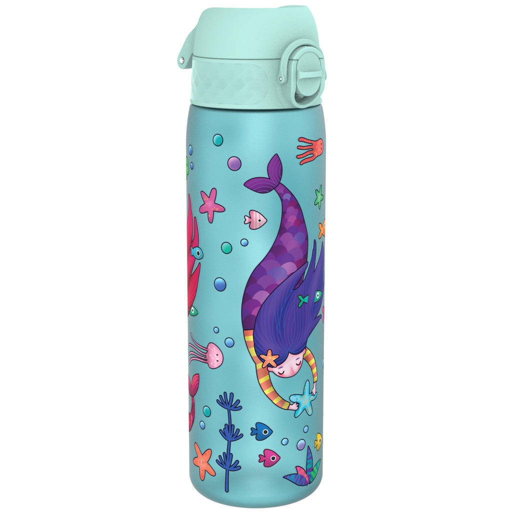 Ion8 Recyclon leak-proof slim water bottle with mermaid design, 500ml (18oz) reusable water bottle for everyday hydration.