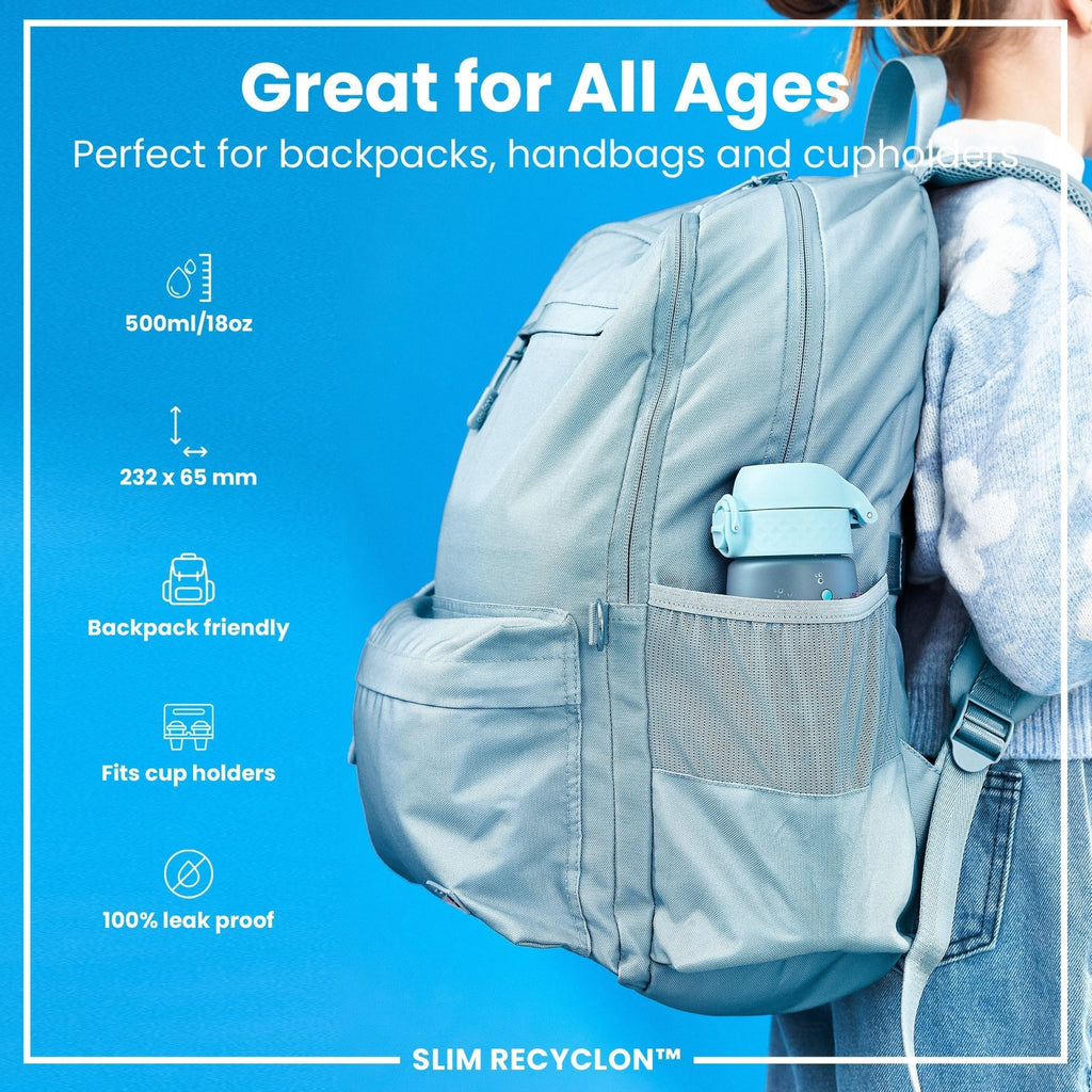 ION8 Recyclon leak-proof slim water bottle with mermaid design, 500ml (18oz), made from recyclable materials, perfect for on-the-go hydration.