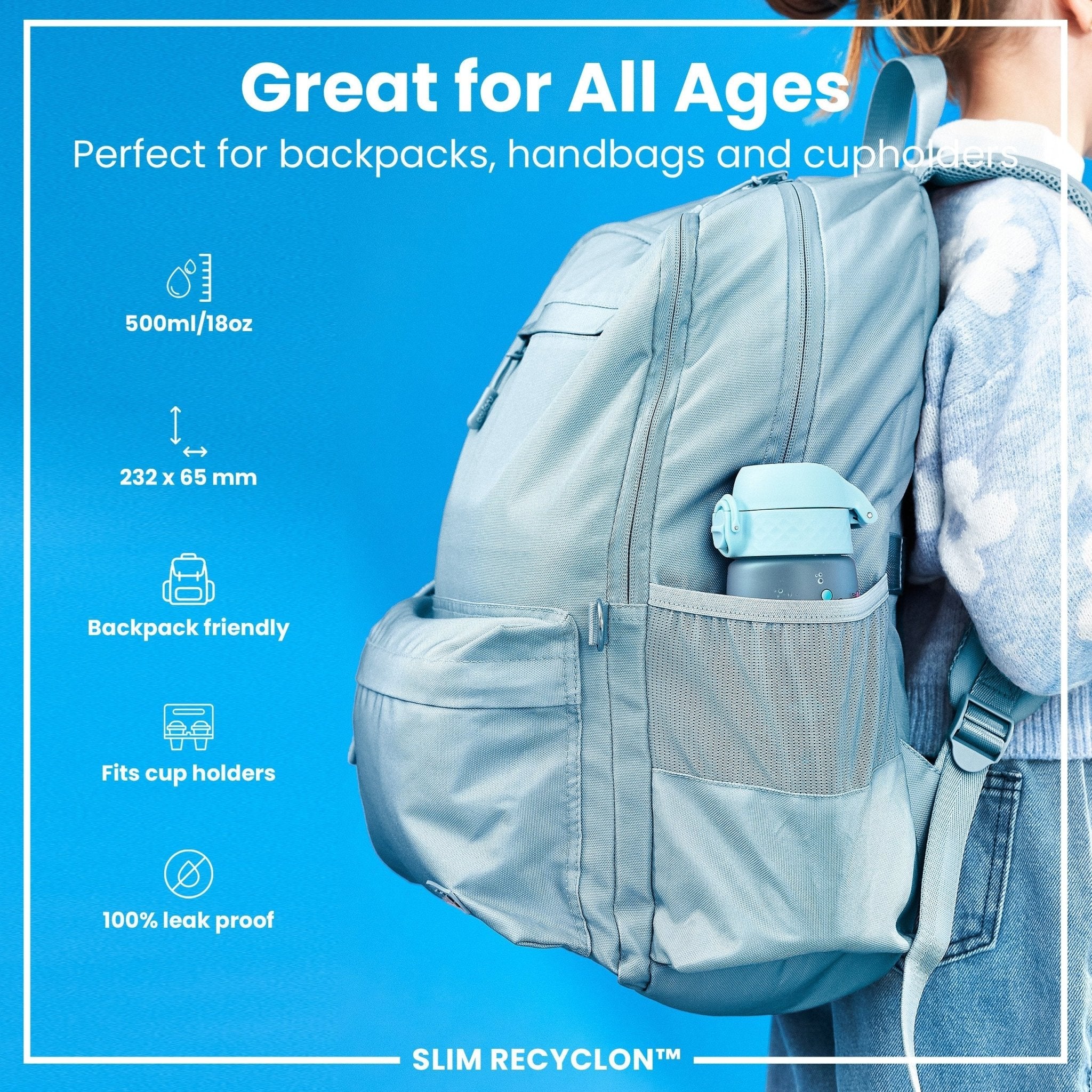 ION8 Recyclon leak-proof slim water bottle with mermaid design, 500ml (18oz), made from recyclable materials, perfect for on-the-go hydration.