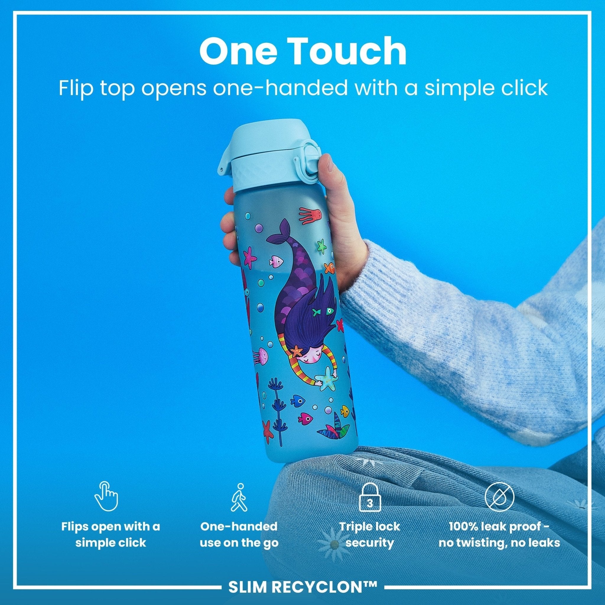 ION8 Recyclon leak-proof slim water bottle with mermaid design, 500ml (18oz) capacity, made from recyclable materials.