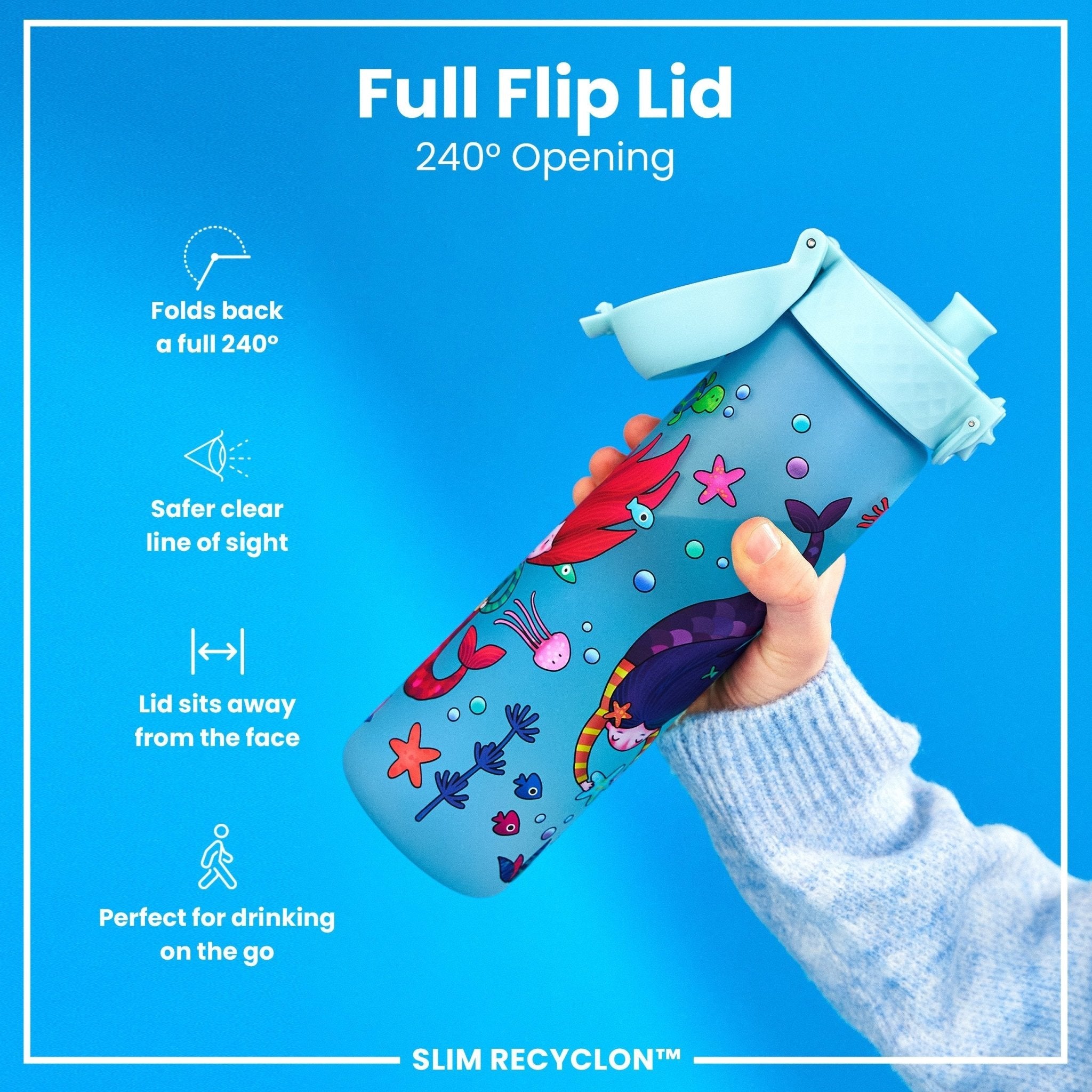 ION8 Recyclon leak-proof slim water bottle with mermaid design, 500ml (18oz), made from recyclable materials.