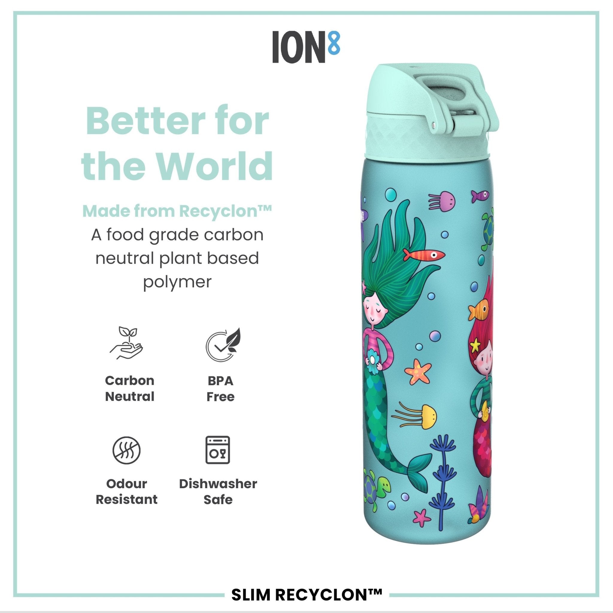 Ion8 Recyclon leak-proof slim water bottle with mermaid design, 500ml (18oz) reusable water bottle for eco-friendly hydration.