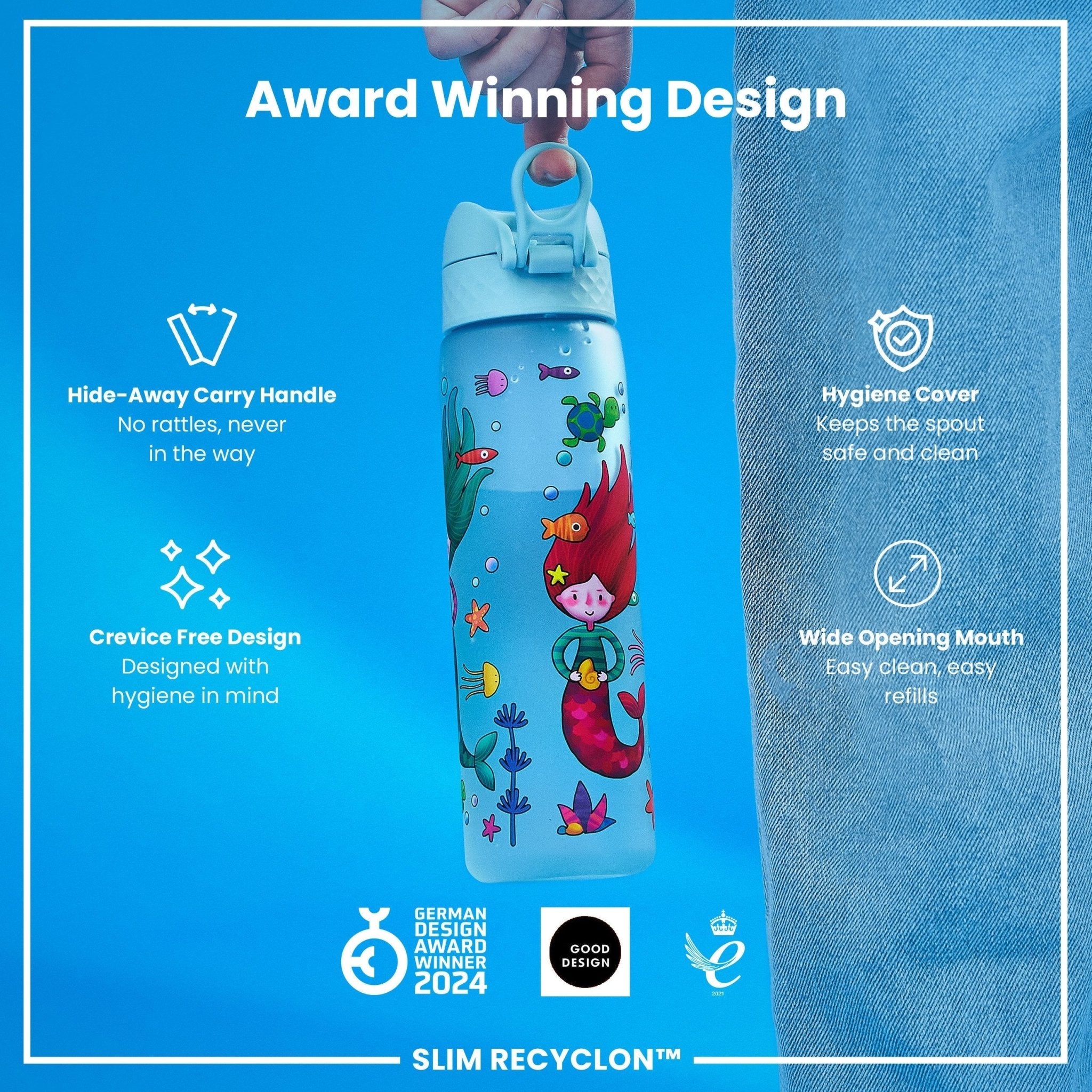 Ion8 Recyclon leak-proof slim water bottle with mermaid design, 500ml (18oz) capacity, made from recyclable materials.