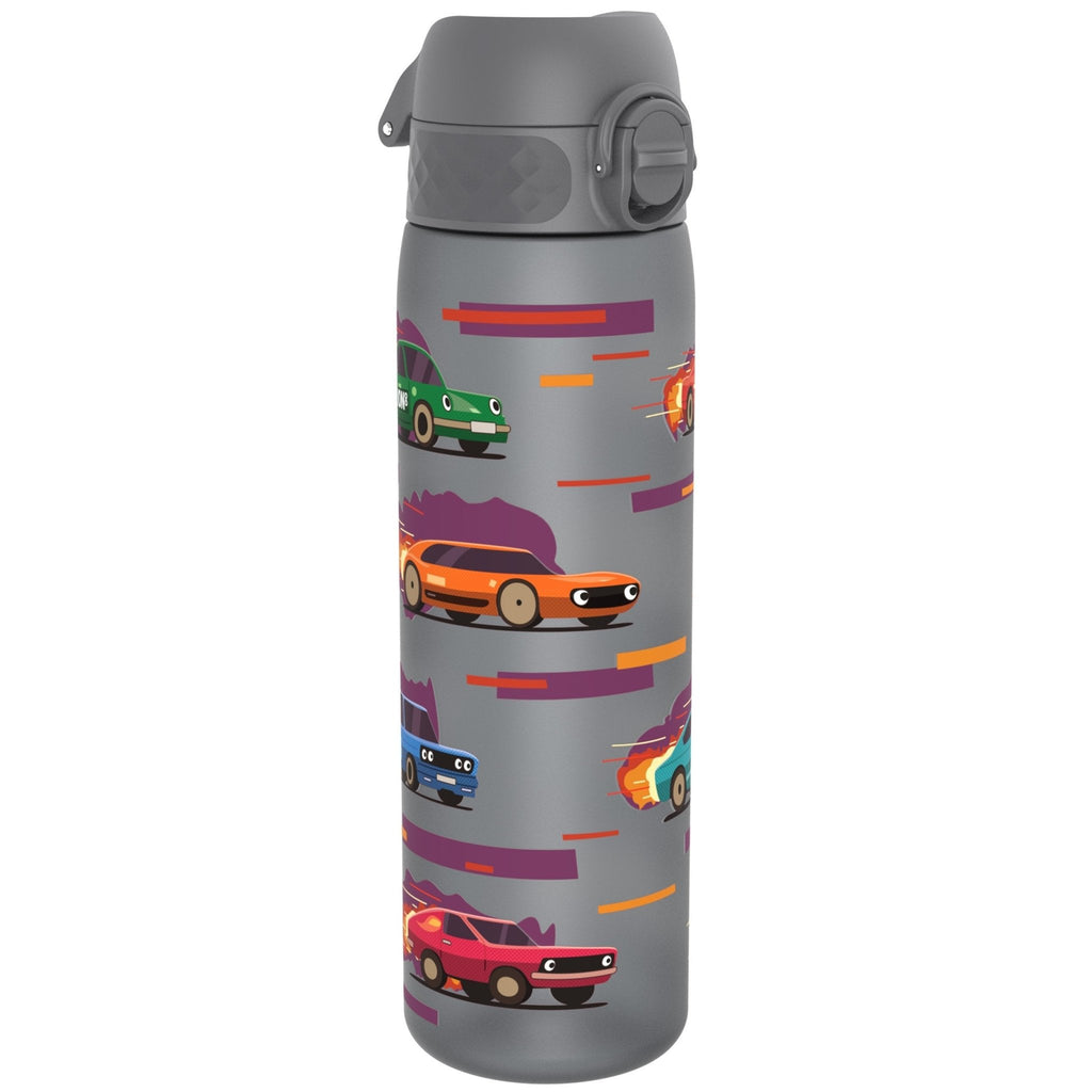 ION8 Recyclon leak-proof slim water bottle with sport cars design, 500ml (18oz), ideal for active use and hydration.