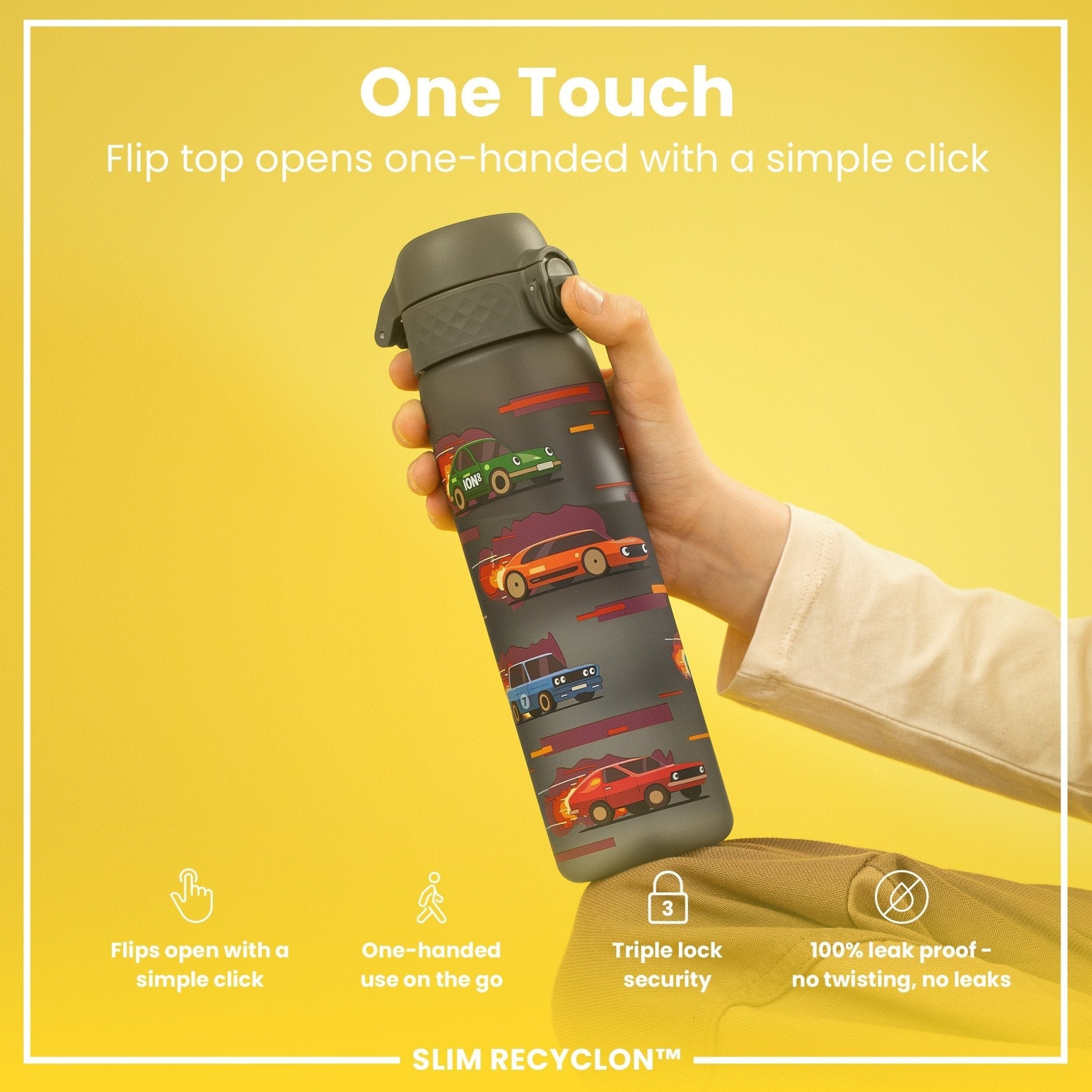 Ion8 Leak Proof Slim Water Bottle with sport cars design, 500ml (18oz), made from recyclable materials.