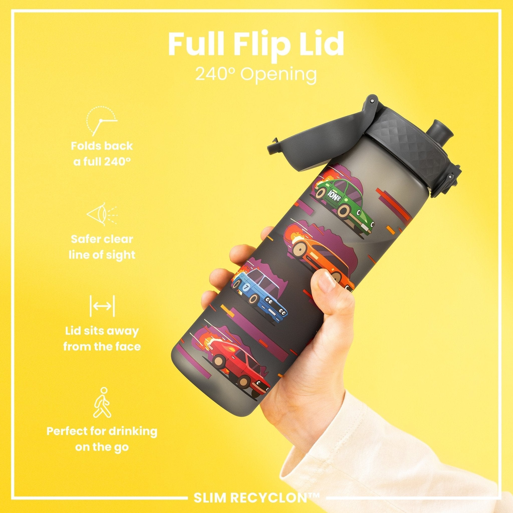 Ion8 leak-proof slim water bottle with sport car design, 500ml capacity, made of recyclable materials, ideal for active use