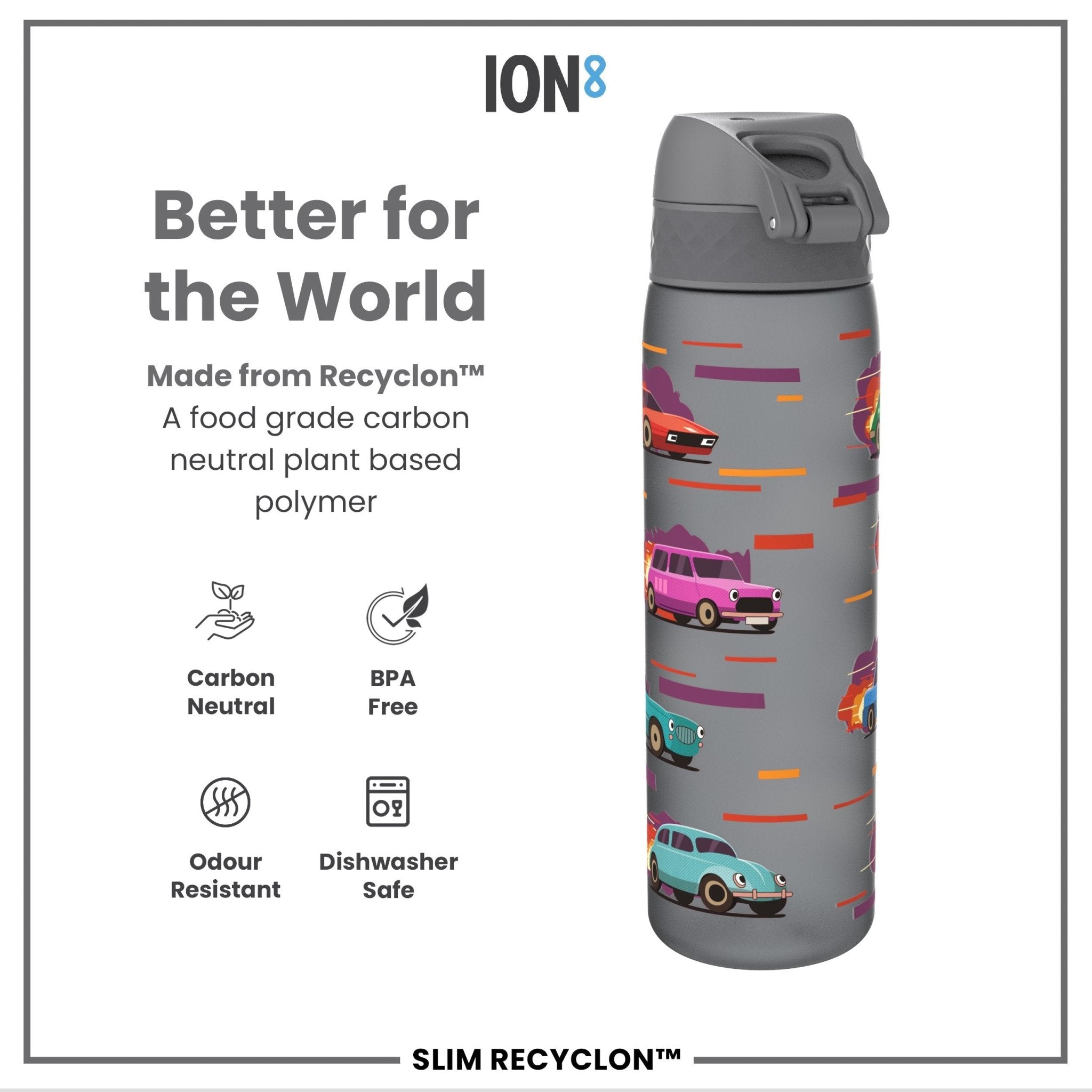 ION8 Recyclon leak-proof slim water bottle with sport car design, 500ml (18oz), ideal for active hydration and eco-friendly use