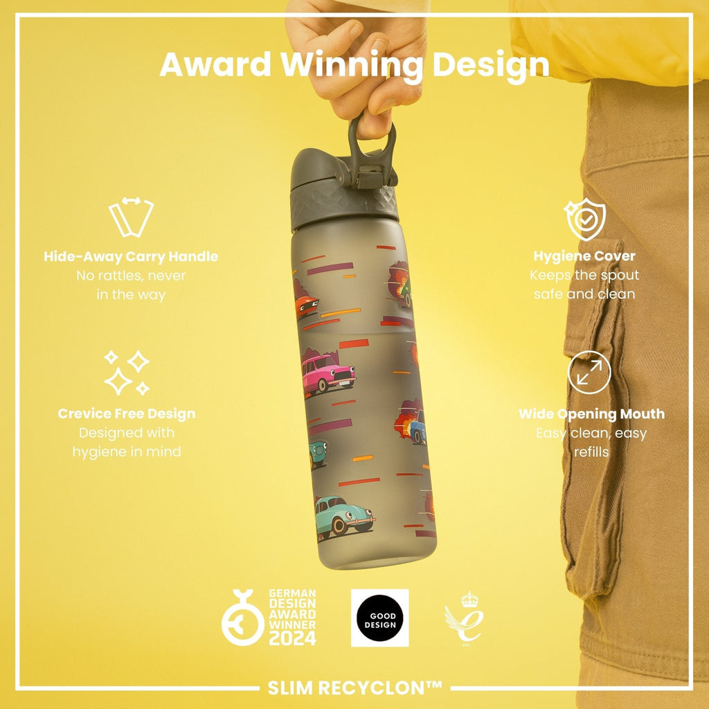 Ion8 Leak Proof Slim Water Bottle with sport car design, 500ml recyclable Recyclon water bottle, ideal for active lifestyles.