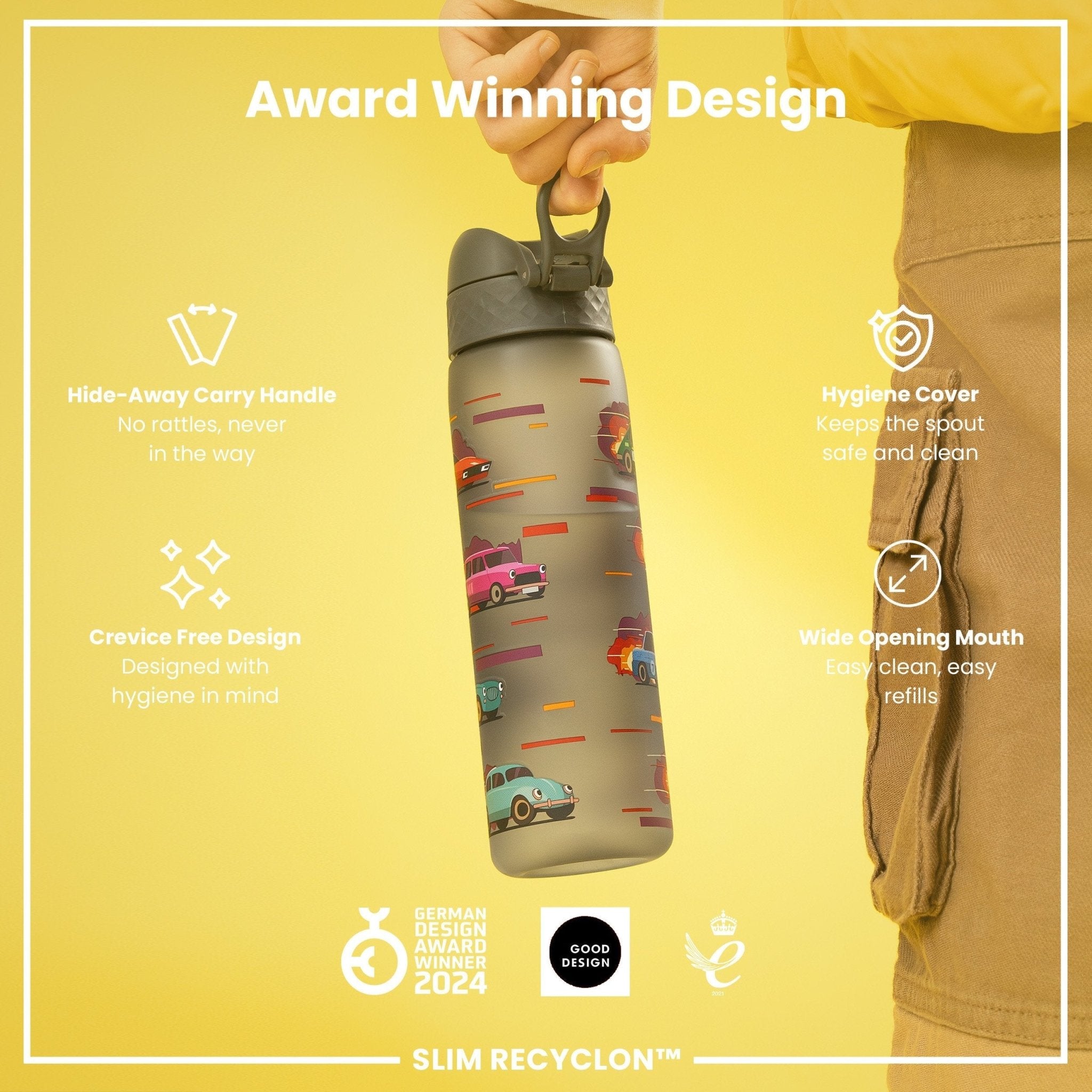 Ion8 Leak Proof Slim Water Bottle with sport car design, 500ml recyclable Recyclon water bottle, ideal for active lifestyles.