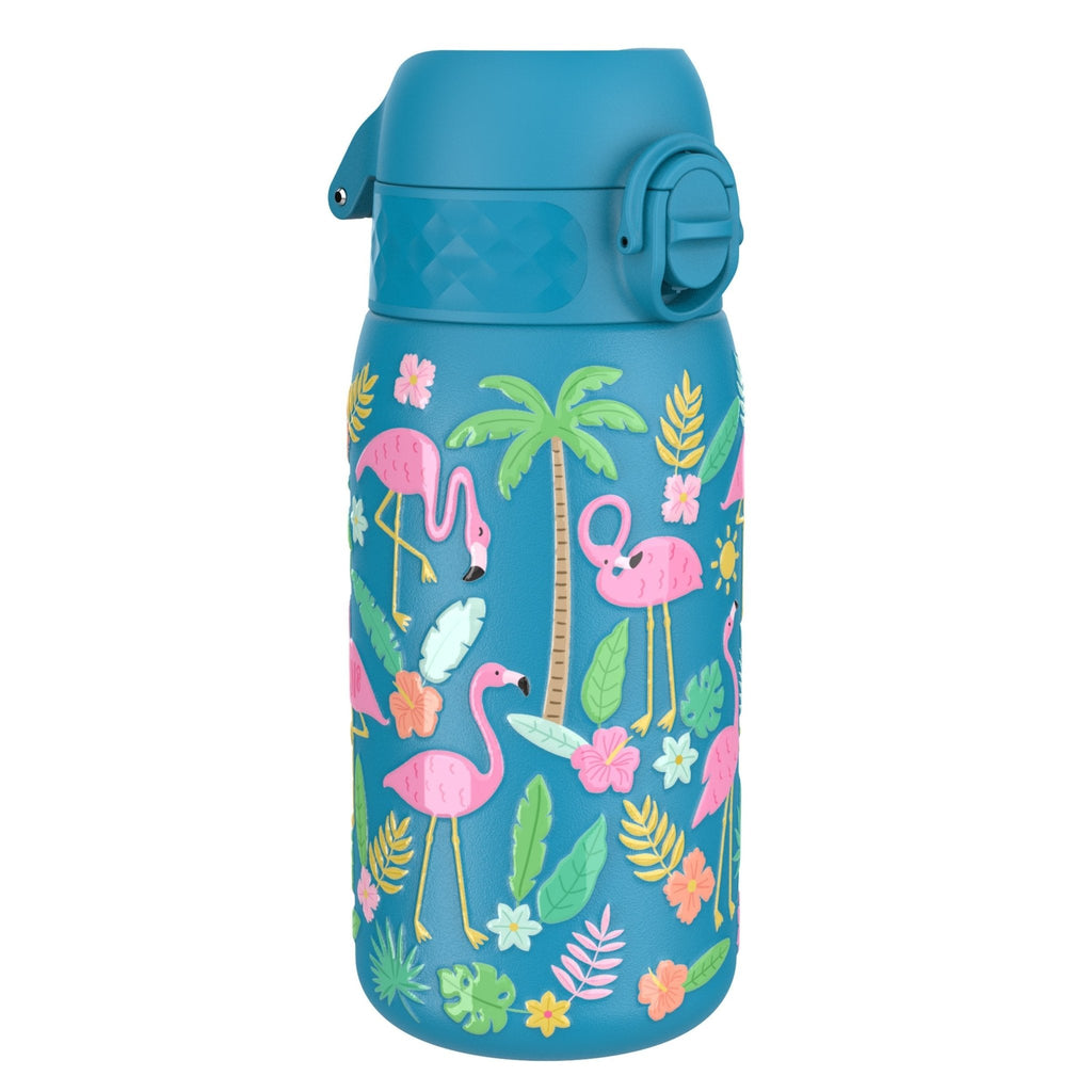 ION8 stainless steel kids water bottle with flamingo design, leak-proof 400ml (13oz) water bottle for children.