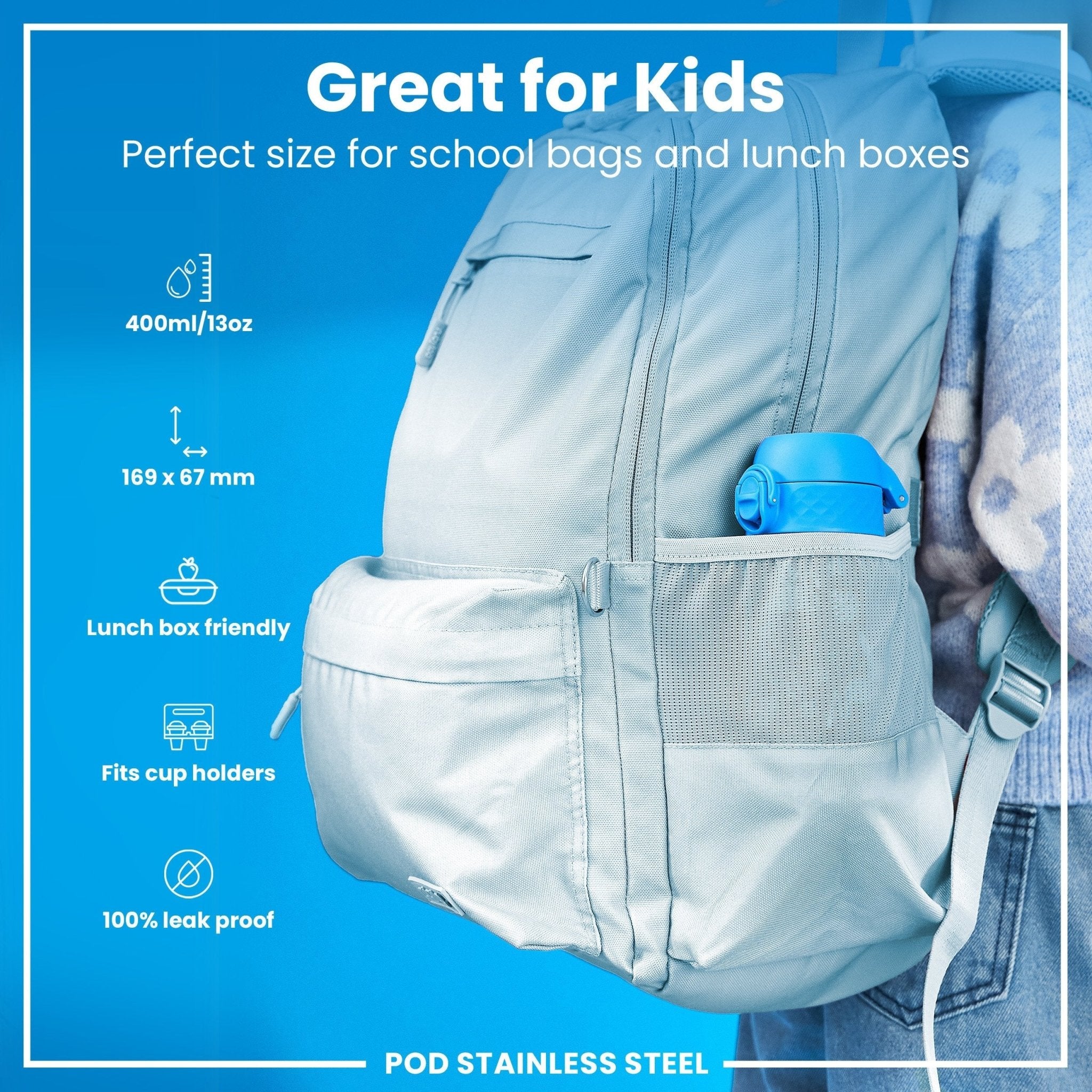 Leak-proof ION8 stainless steel kids water bottle with pink flamingo design, 400ml capacity, perfect for children.