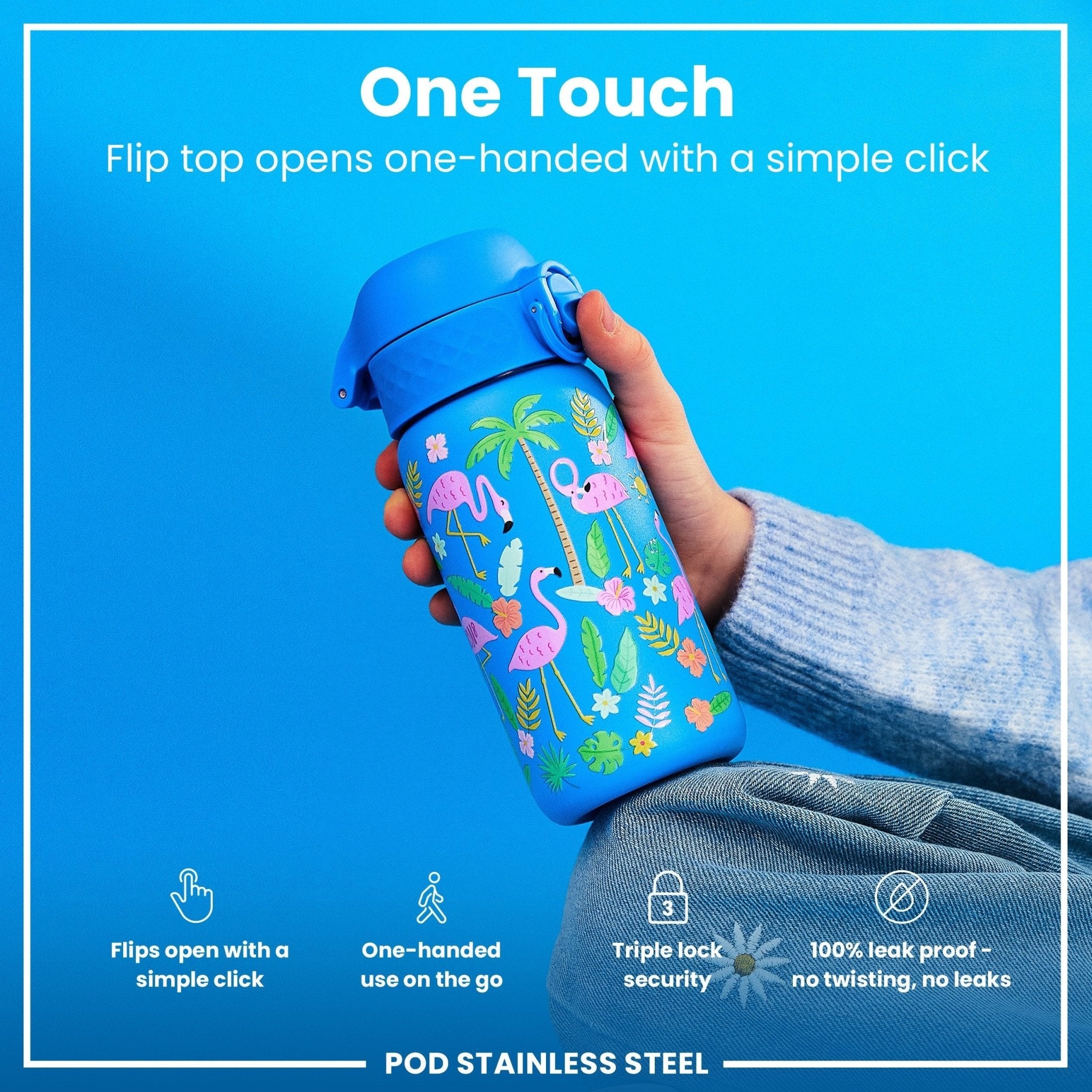Ion8 stainless steel leak-proof kids water bottle with flamingo design, 400ml capacity, durable and safe for children