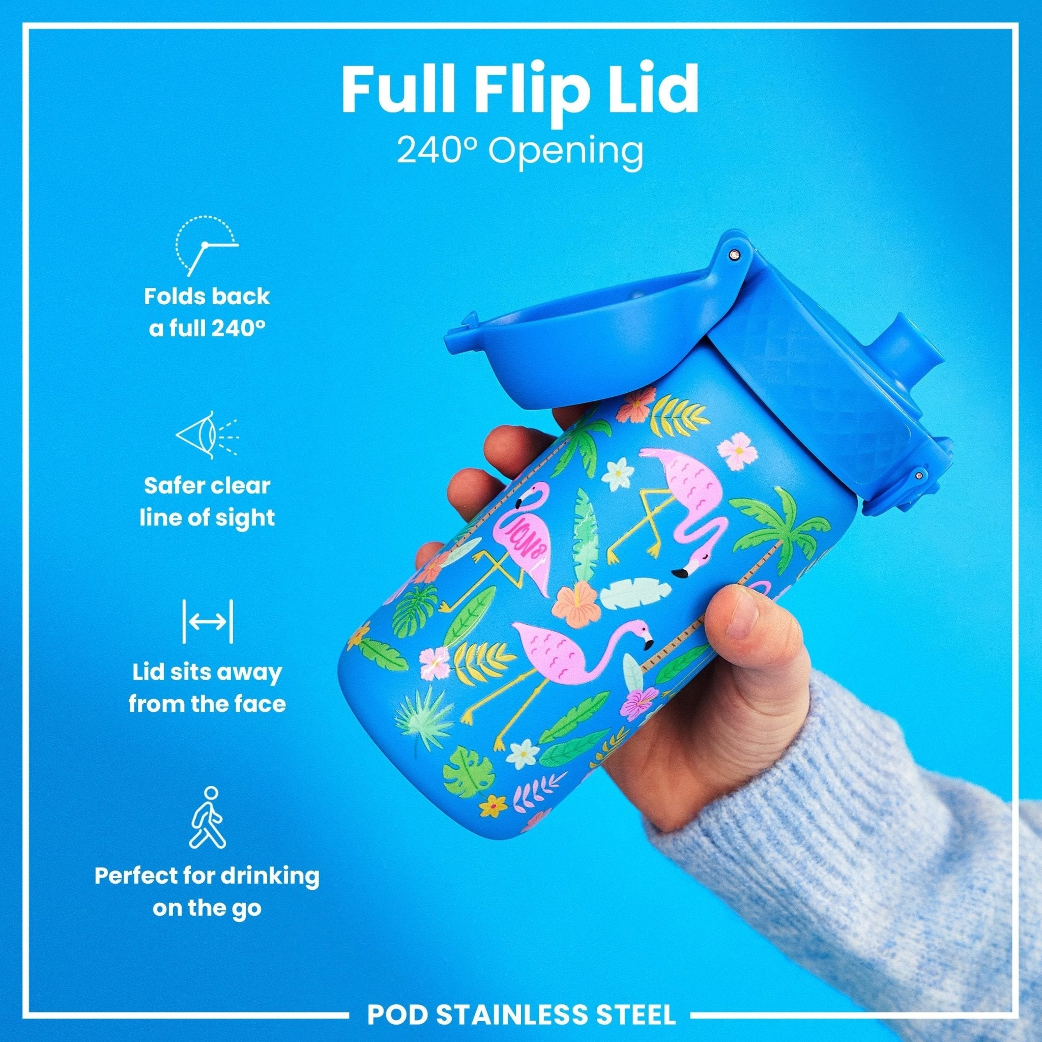 Ion8 stainless steel kids water bottle with flamingo design, leak-proof 400ml (13oz) steel water bottle for children.