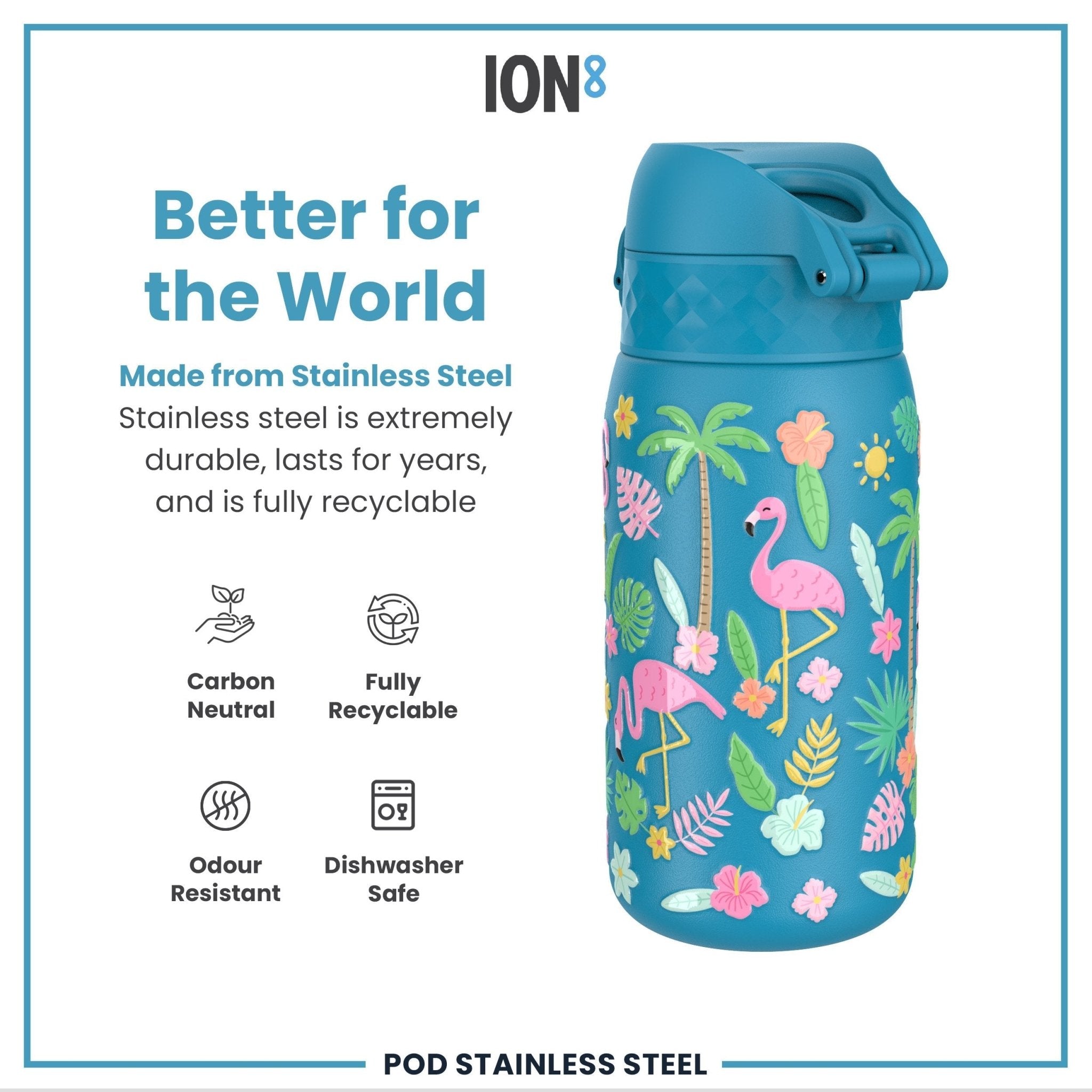 Leak-proof kids water bottle by ION8, stainless steel with flamingo design, 400ml capacity, durable and suitable for children.
