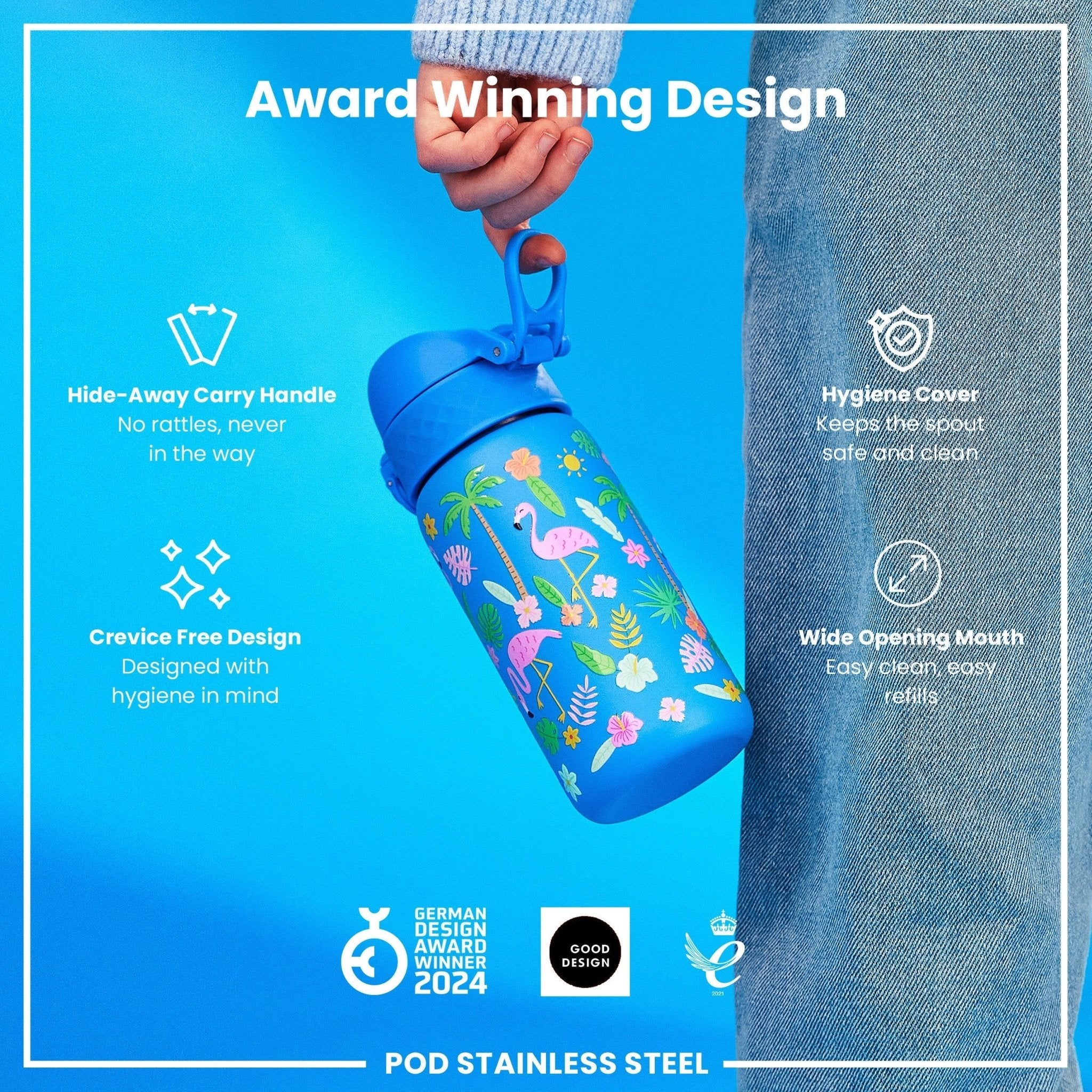 ION8 leak-proof kids water bottle with flamingo design, 400ml stainless steel water bottle for children, durable and leak-resistant