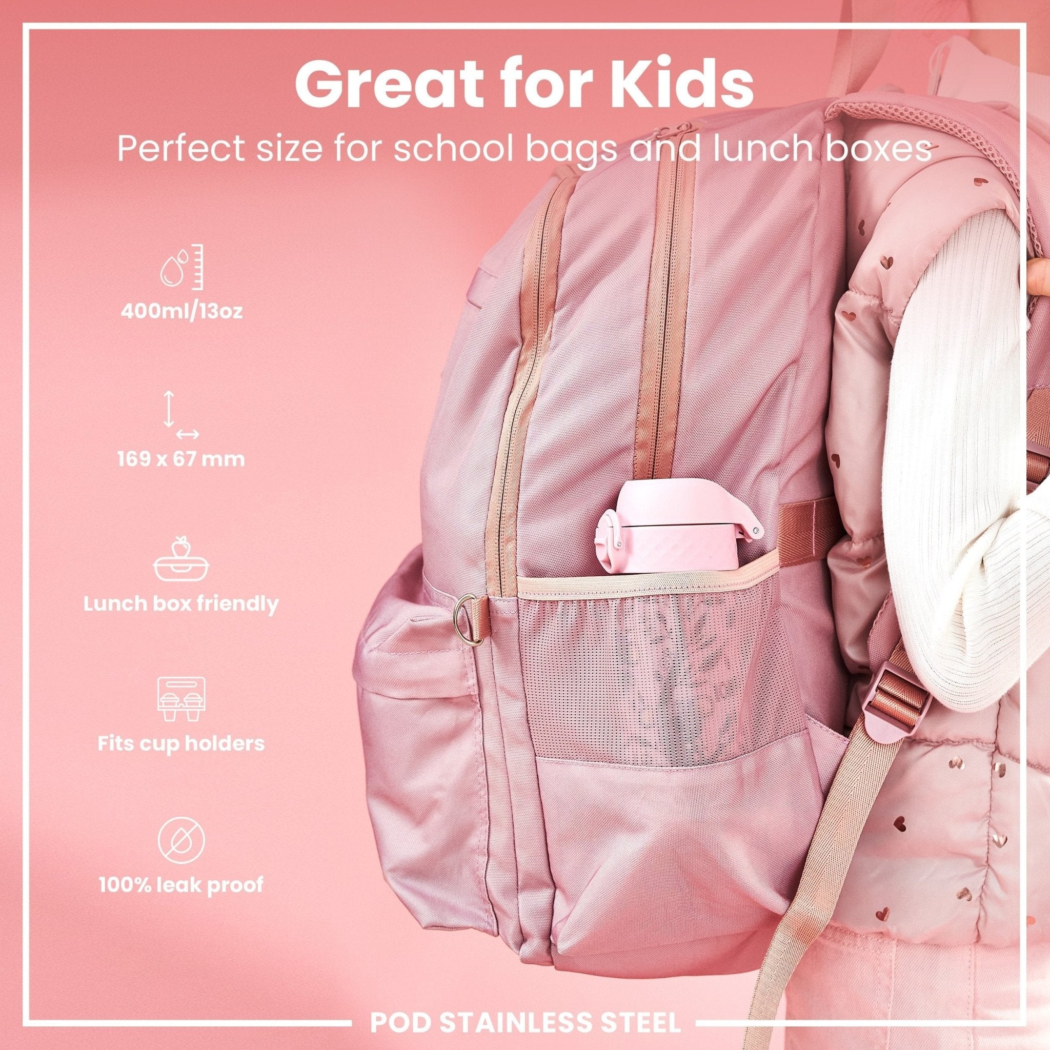 Stainless steel leak-proof kids water bottle with koala design, 400ml capacity, by ION8, featuring a secure lid and colorful illustration.