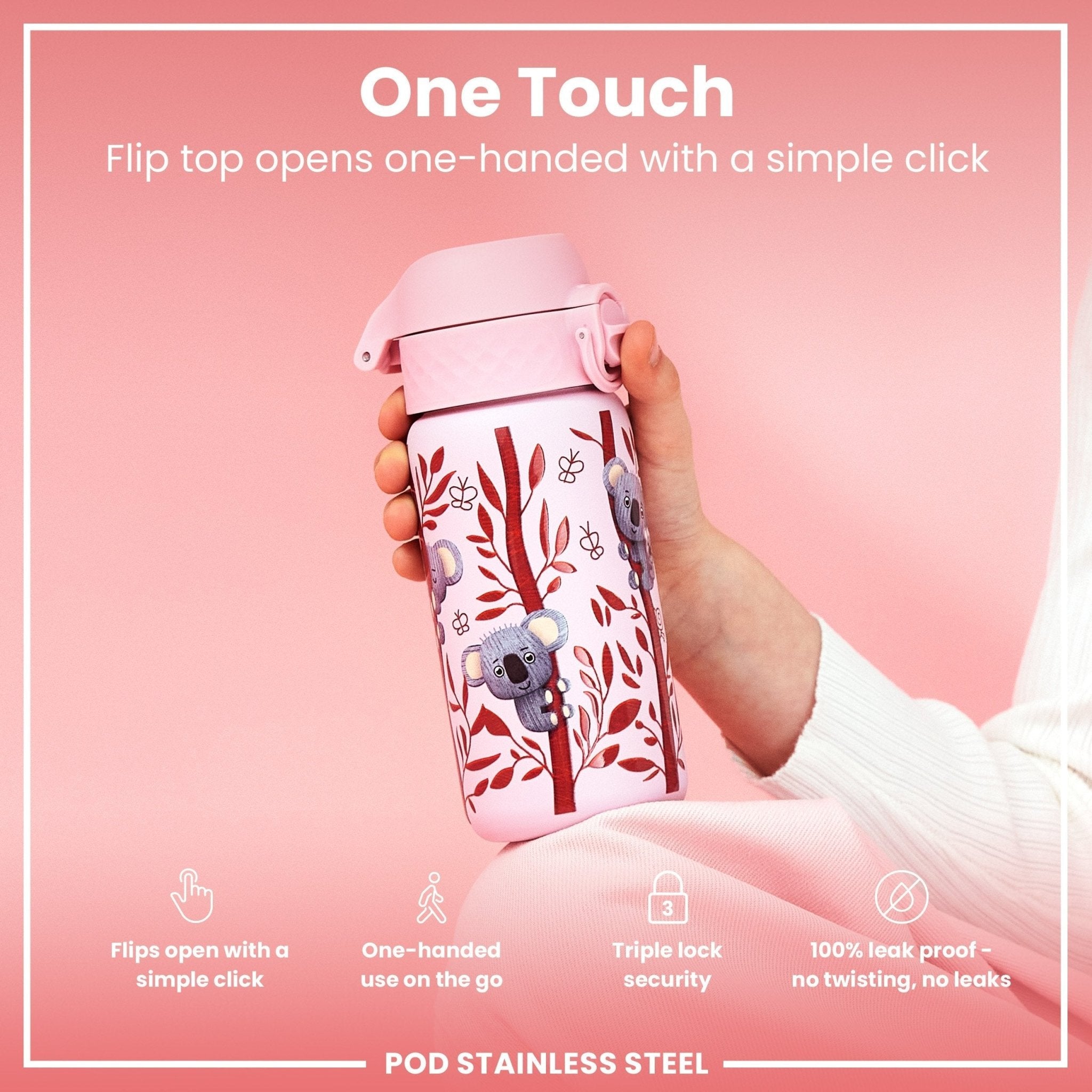 ION8 leak-proof kids stainless steel water bottle with koala design, 400ml capacity, durable and spill-resistant.