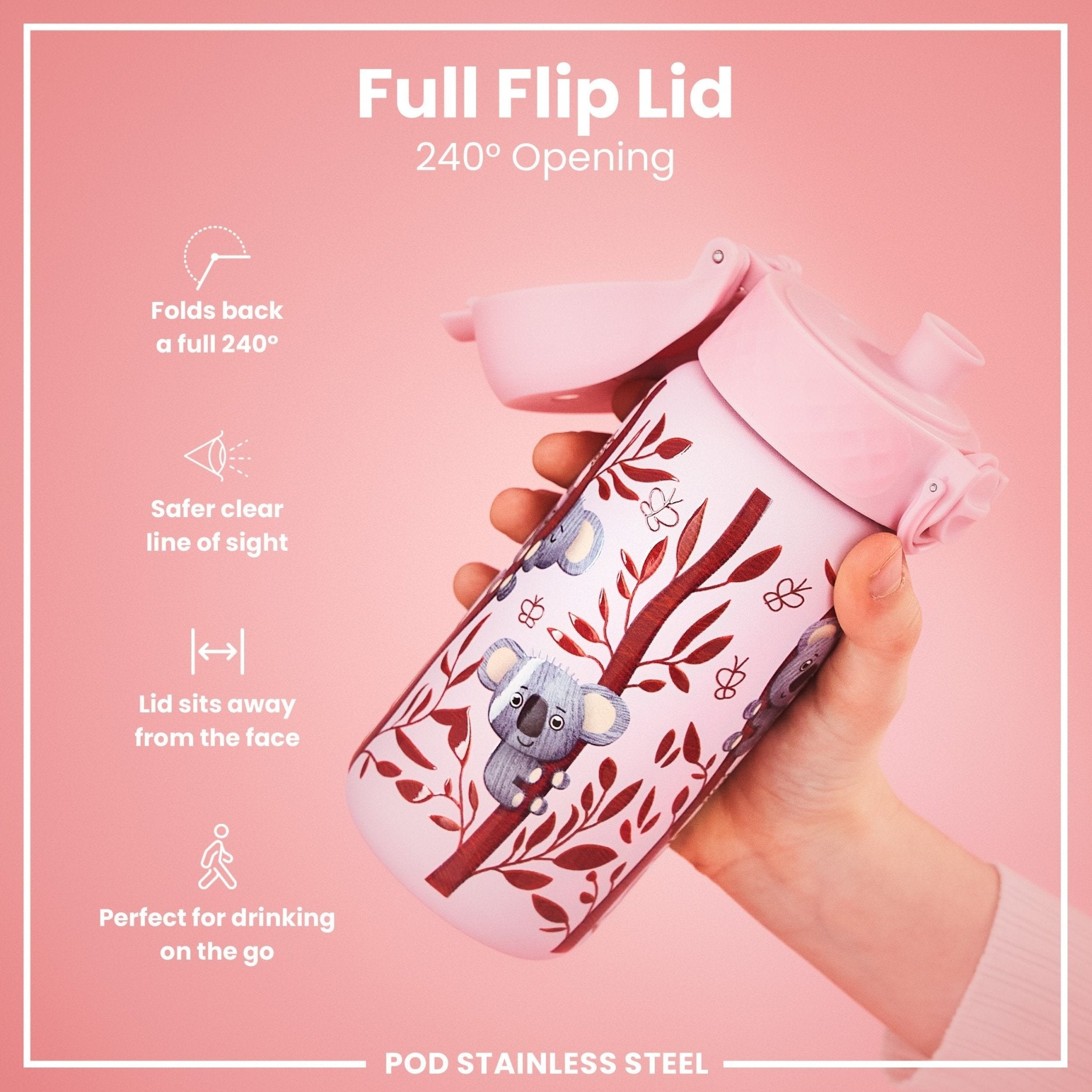 Stainless steel leak-proof kids water bottle with koala design, 400ml capacity, by ION8, featuring a colorful, child-friendly appearance.