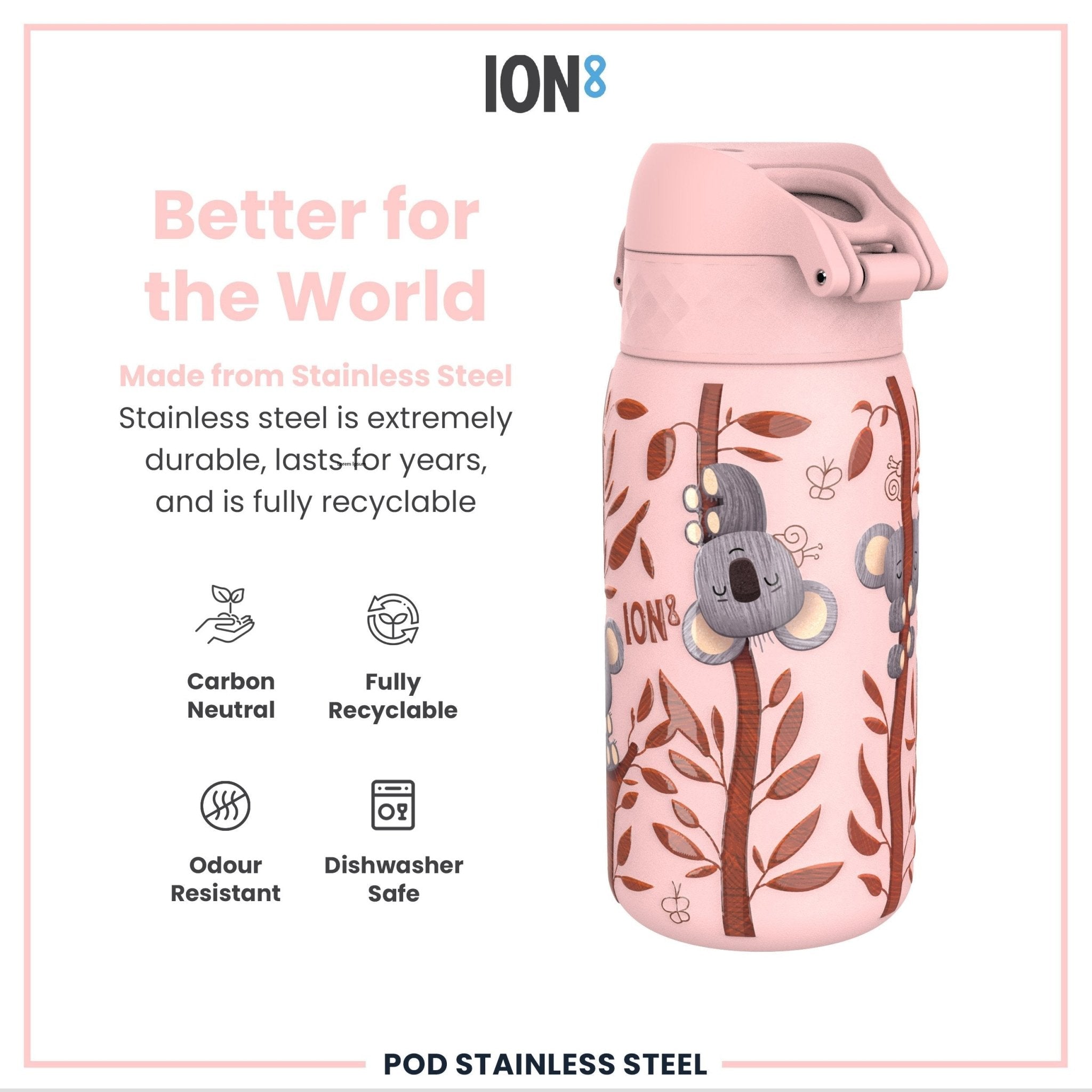 Leak-proof kids stainless steel water bottle with koala design, 400ml capacity by ION8, ideal for children.