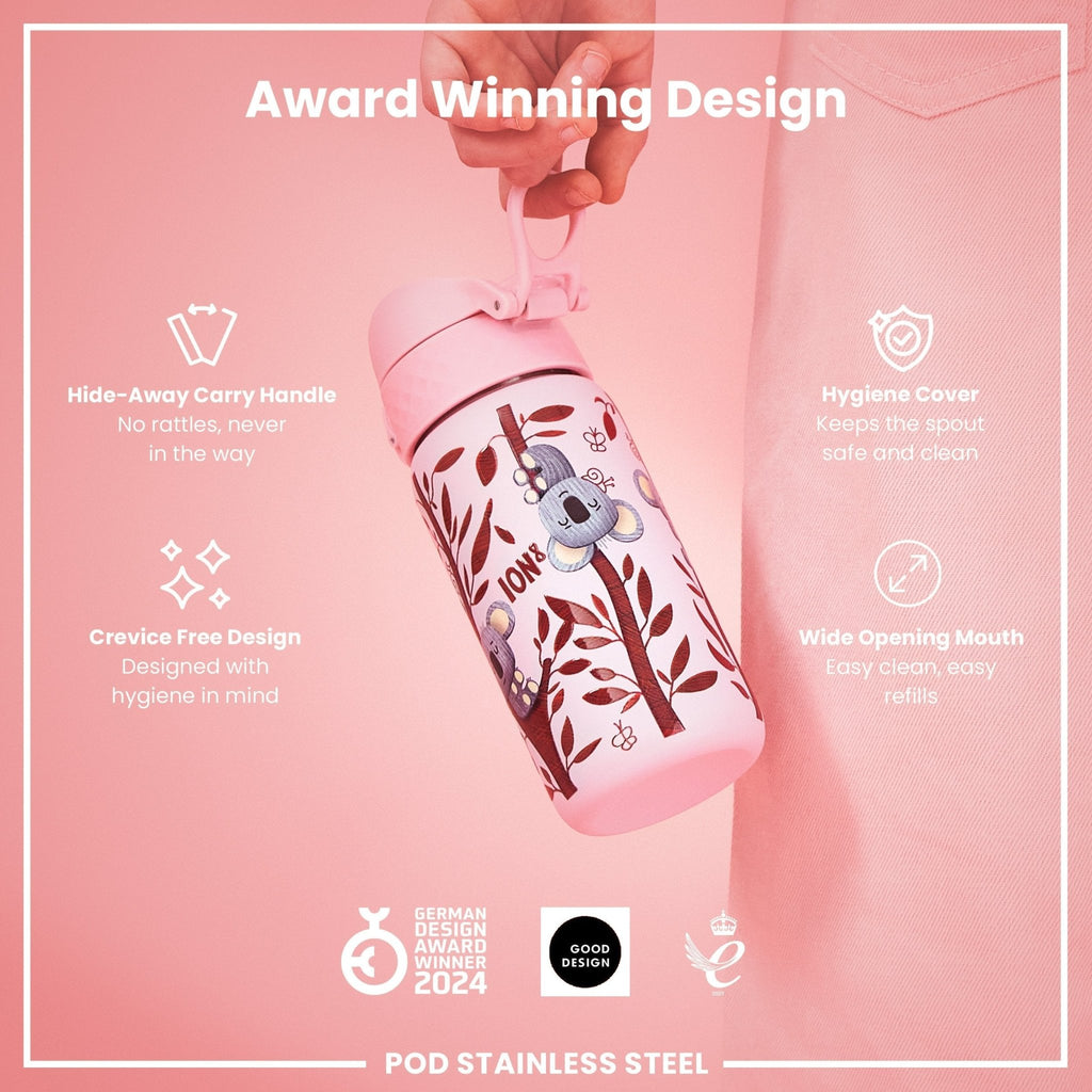 Leak-proof ION8 kids stainless steel water bottle with koala design, 400ml capacity, eco-friendly and durable for children