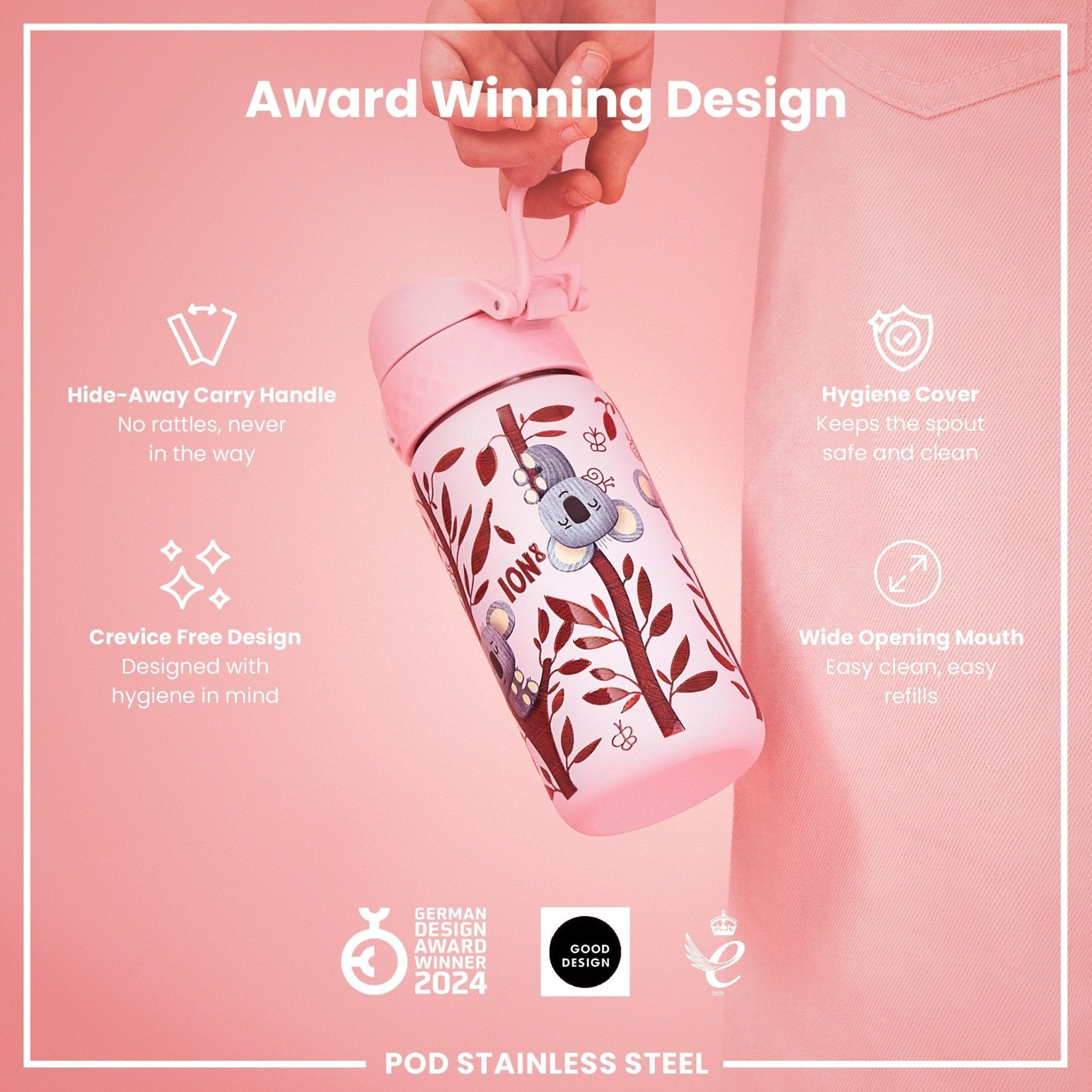 Leak-proof ION8 kids stainless steel water bottle with koala design, 400ml capacity, eco-friendly and durable for children