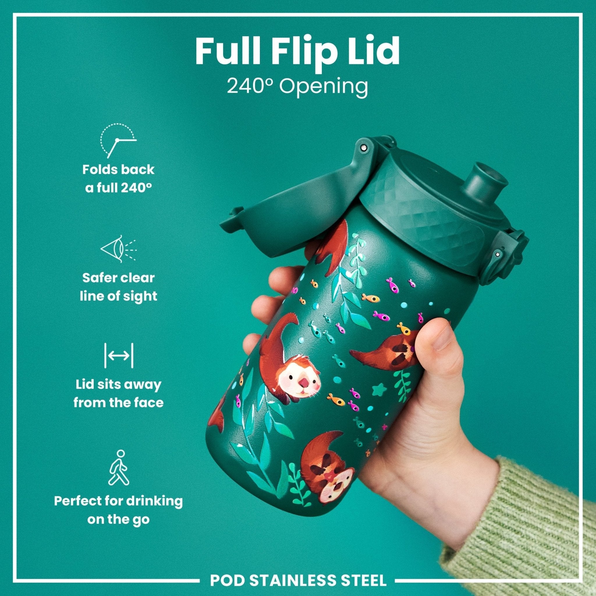 ION8 leak-proof kids water bottle with otter design, 400ml stainless steel water bottle for children, portable and durable.