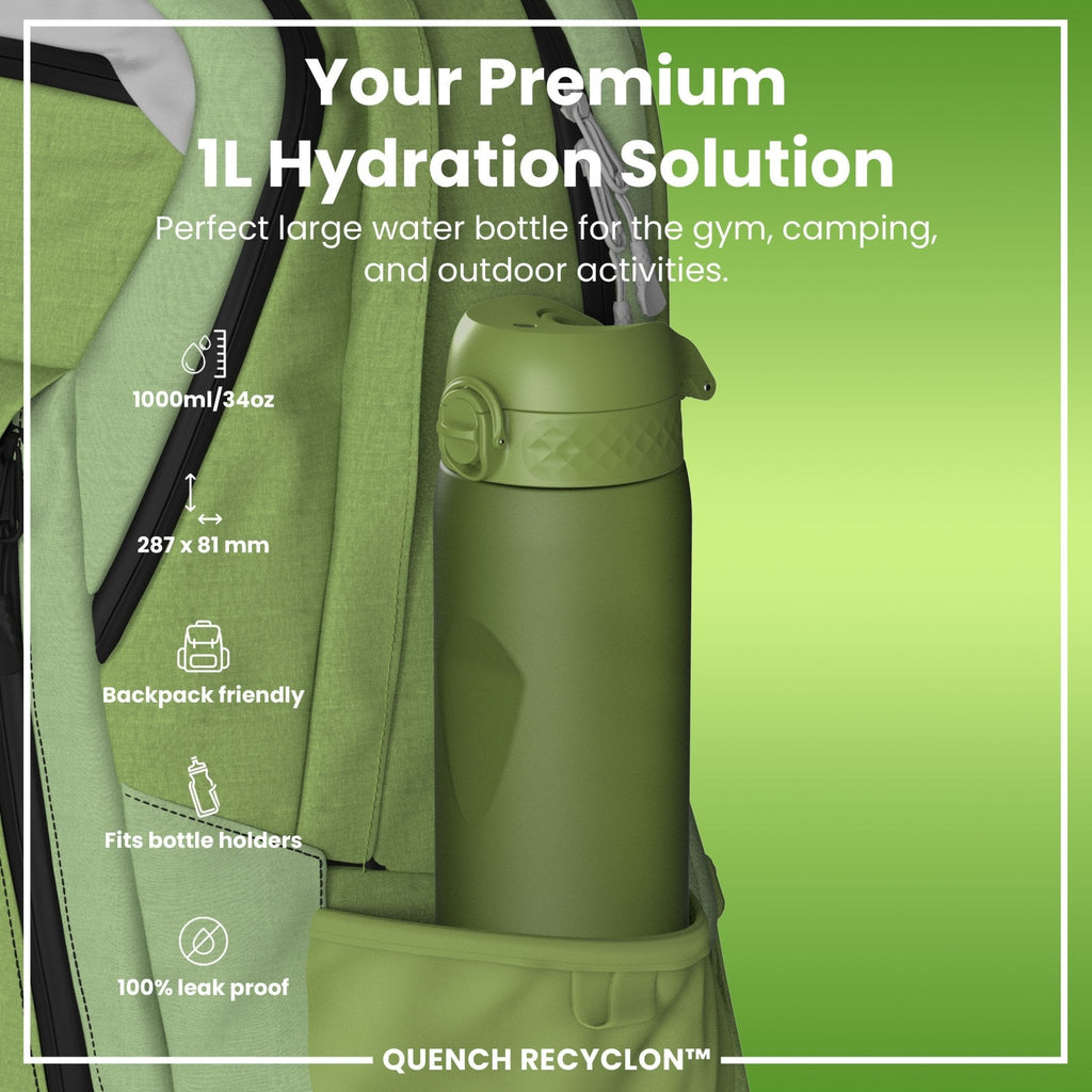 Ion8 Recyclon leak-proof 1L water bottle in khaki green, durable and eco-friendly with secure screw lid and clear measurement markings.