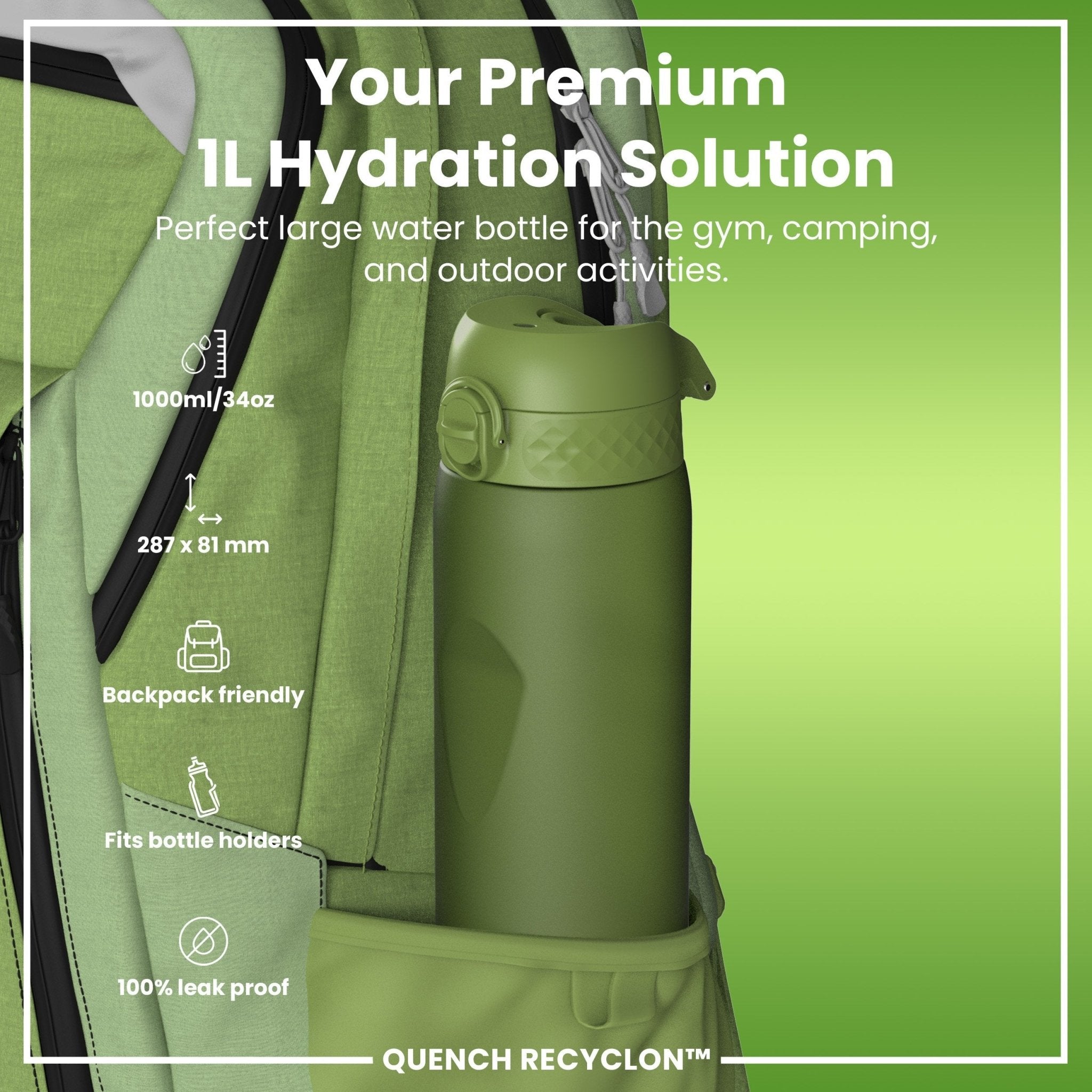 Ion8 Recyclon leak-proof 1L water bottle in khaki green, durable and eco-friendly with secure screw lid and clear measurement markings.