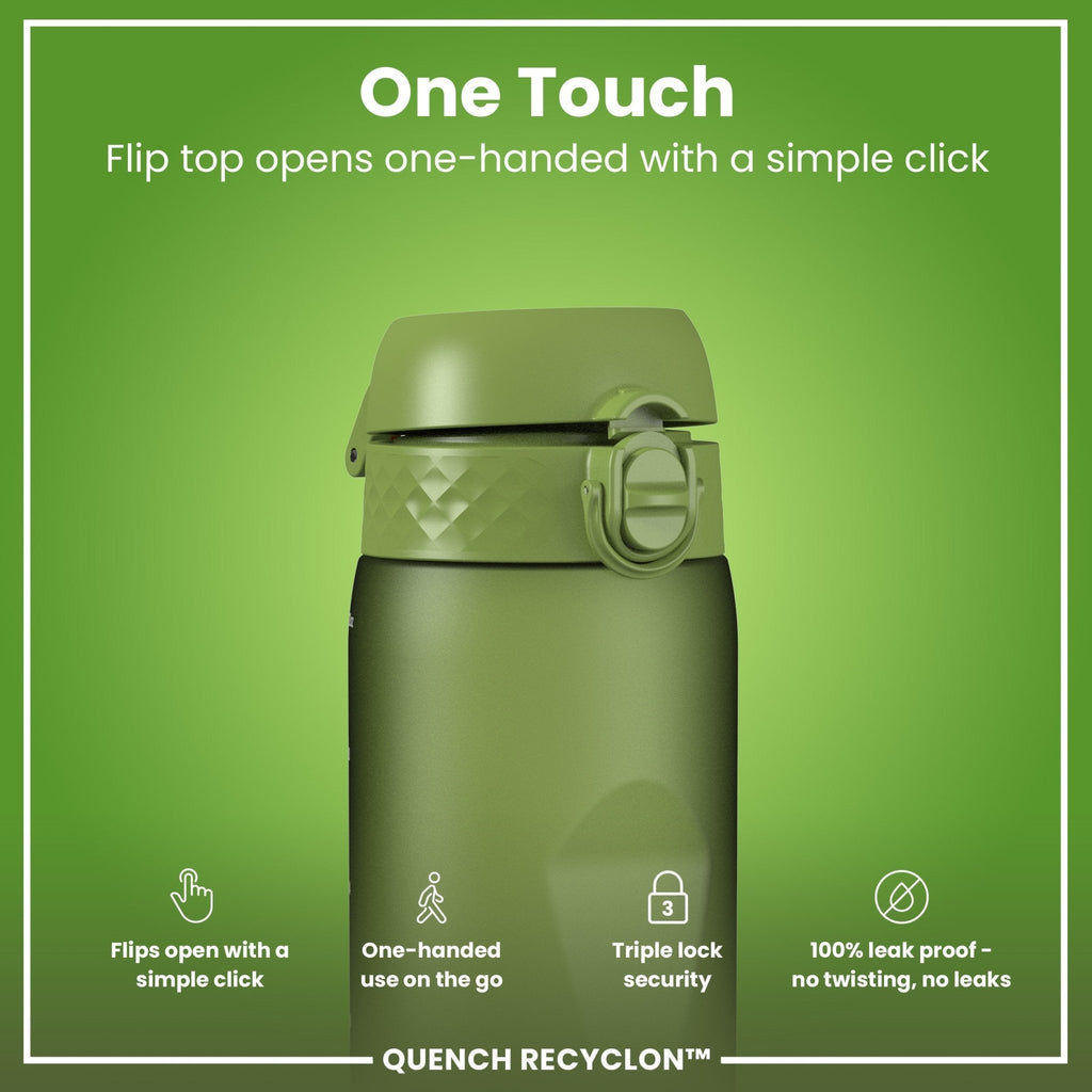 Ion8 Recyclon 1L leak-proof water bottle in khaki green, made of recycled materials, with a secure screw lid and ergonomic design.