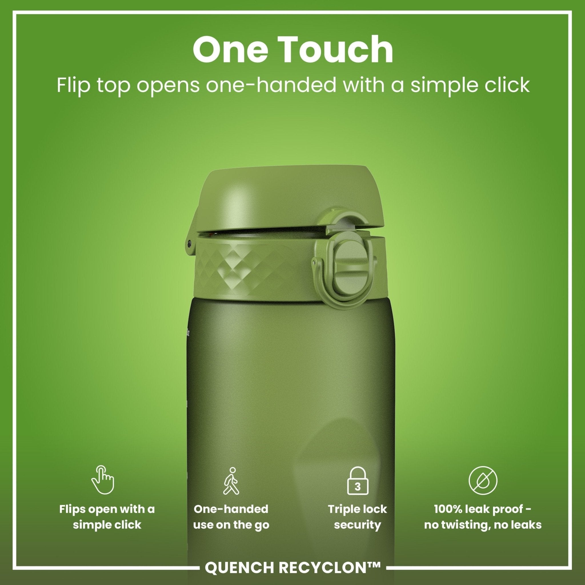 Ion8 Recyclon 1L leak-proof water bottle in khaki green, made of recycled materials, with a secure screw lid and ergonomic design.